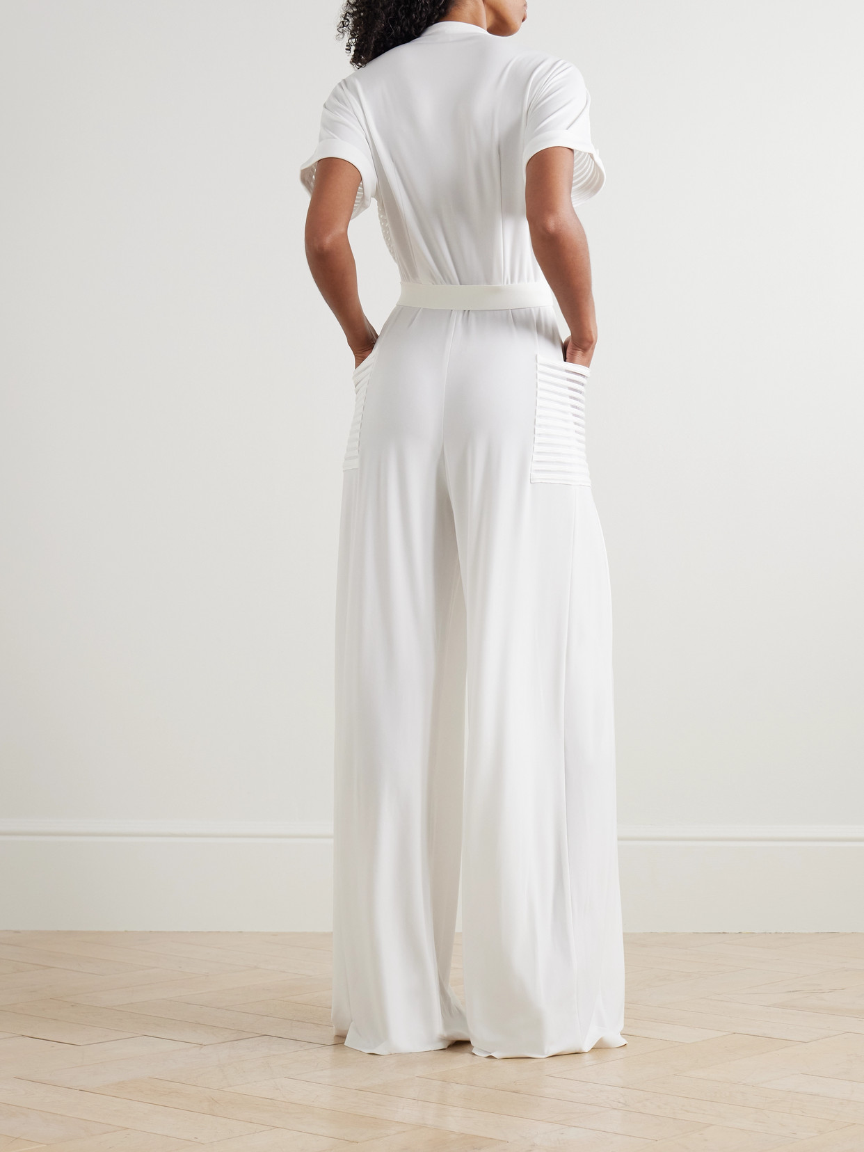 Norma Kamali Geralyn Belted Paneled Jersey And Mesh Jumpsuit