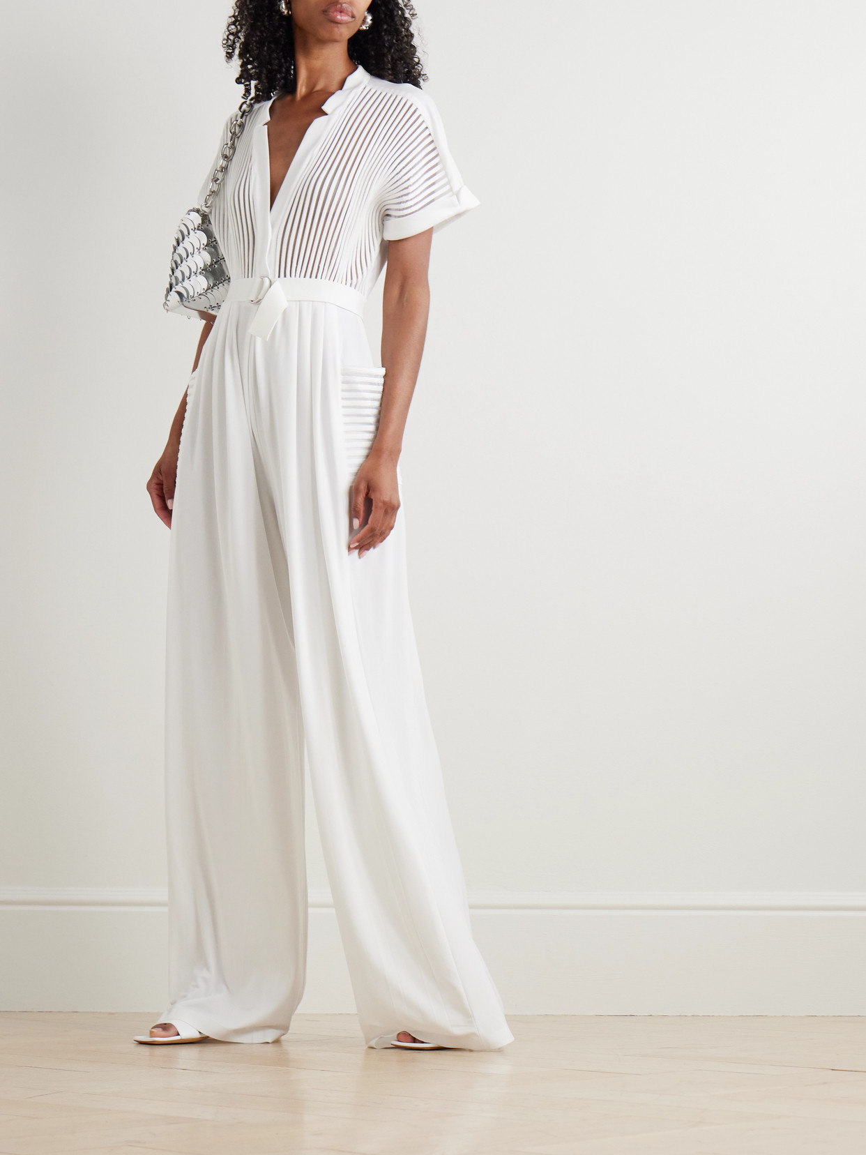 Norma Kamali Geralyn Belted Paneled Jersey And Mesh Jumpsuit