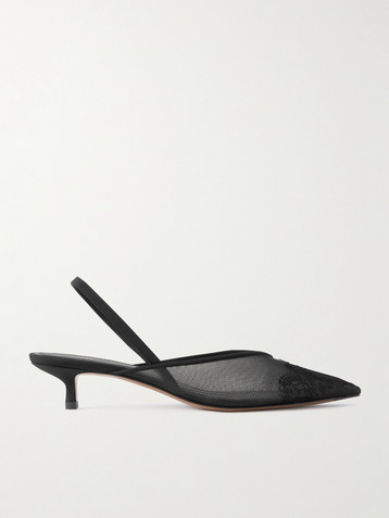 NEOUS Irena lace and satin-trimmed mesh slingback pumps