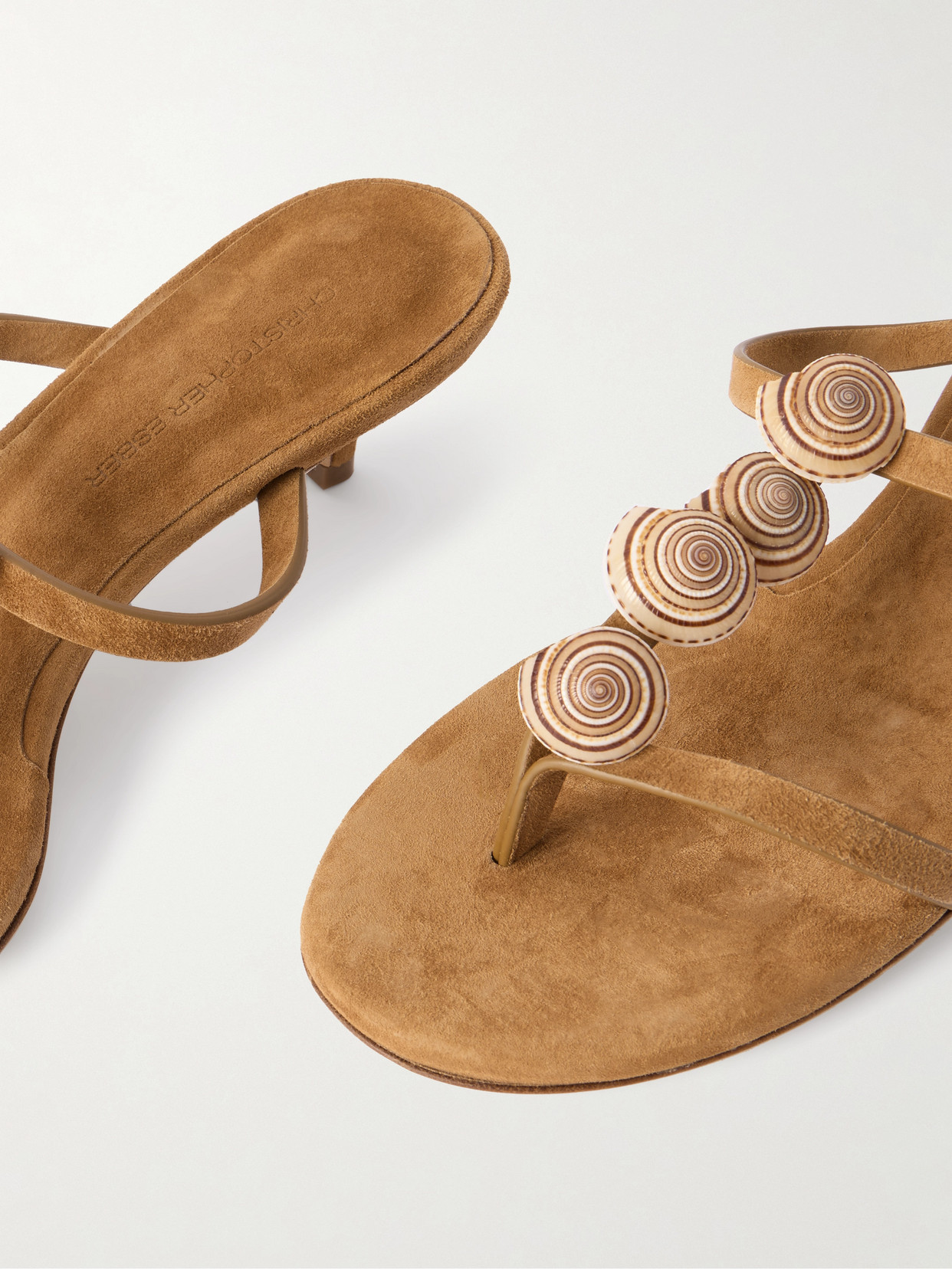 Christopher Esber Sundial Shell-embellished Suede Sandals In Brown