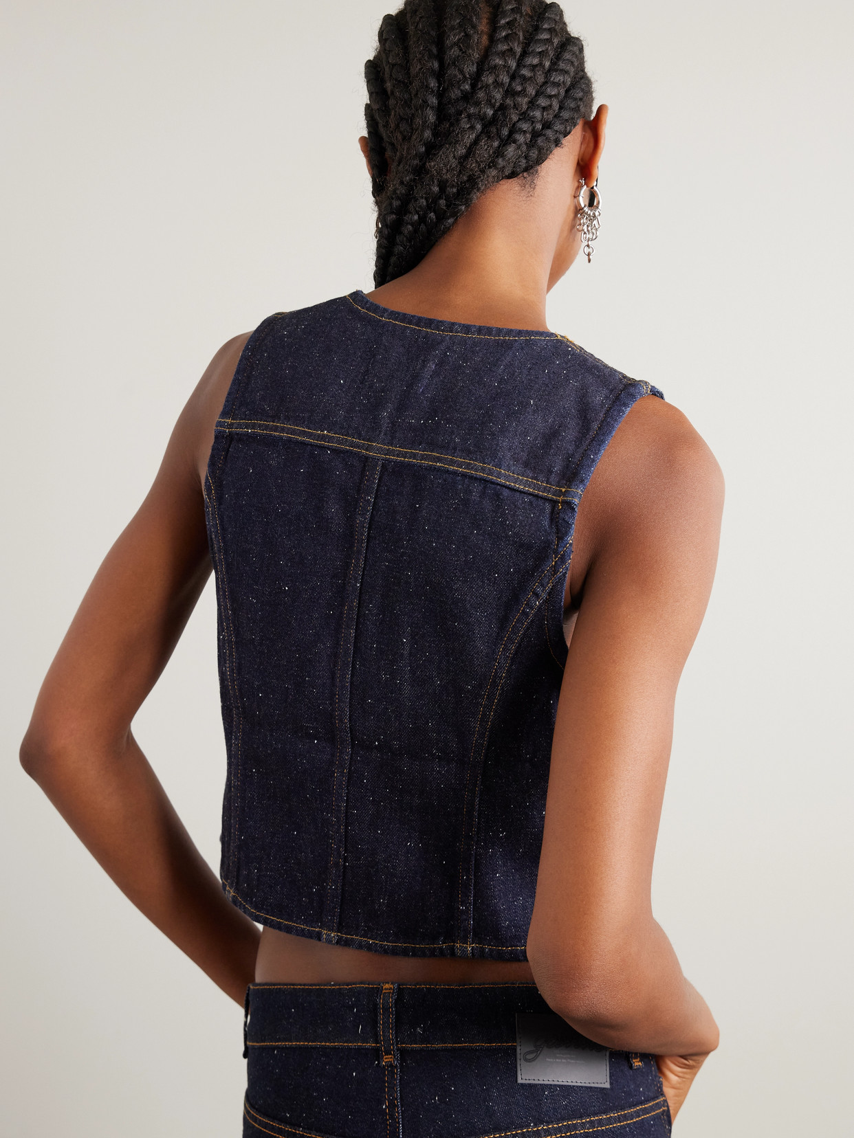 Ganni Neppy Checked Tweed-trimmed Organic Denim Vest In Blue