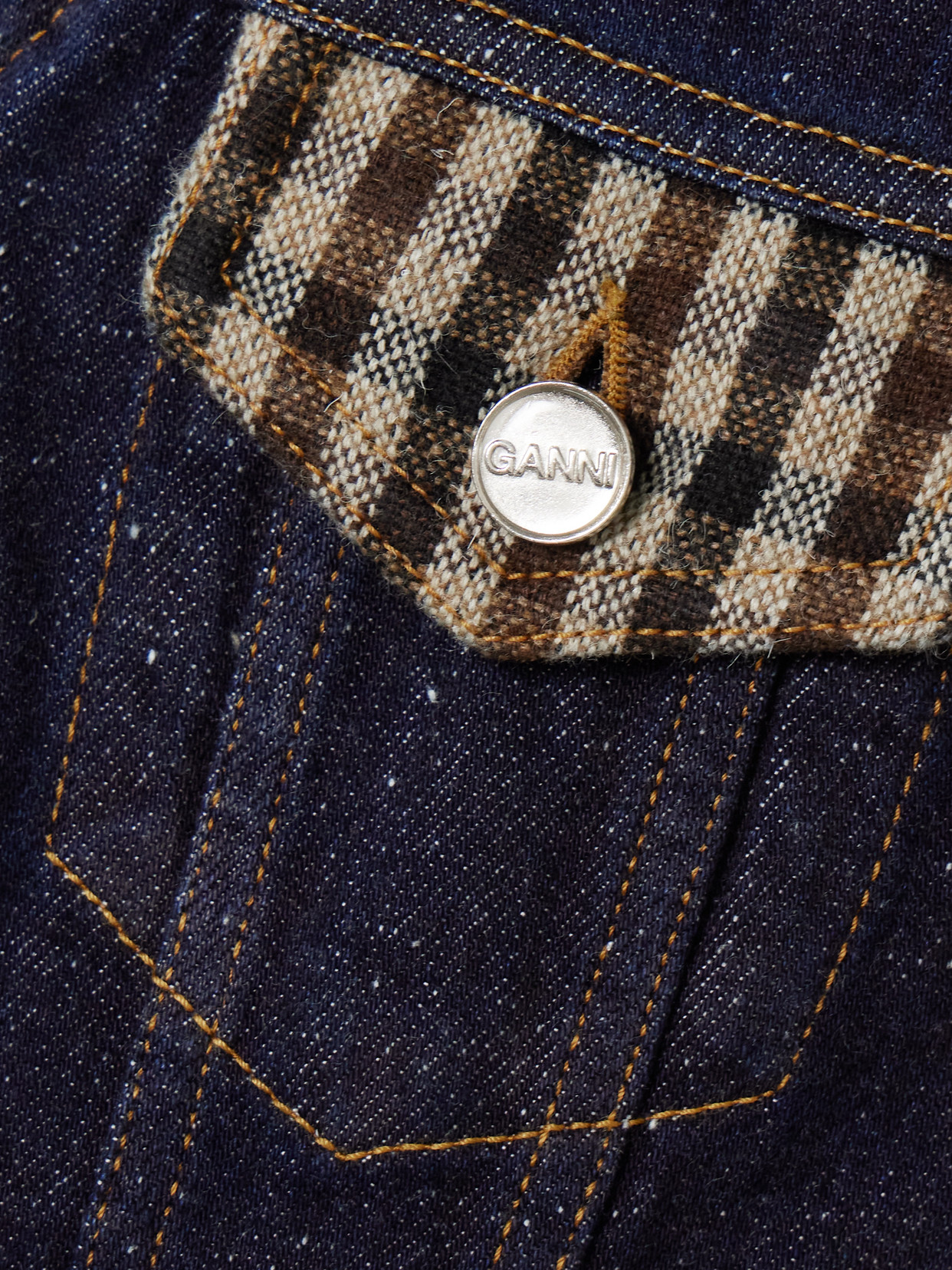 Ganni Neppy Checked Tweed-trimmed Organic Denim Vest In Blue