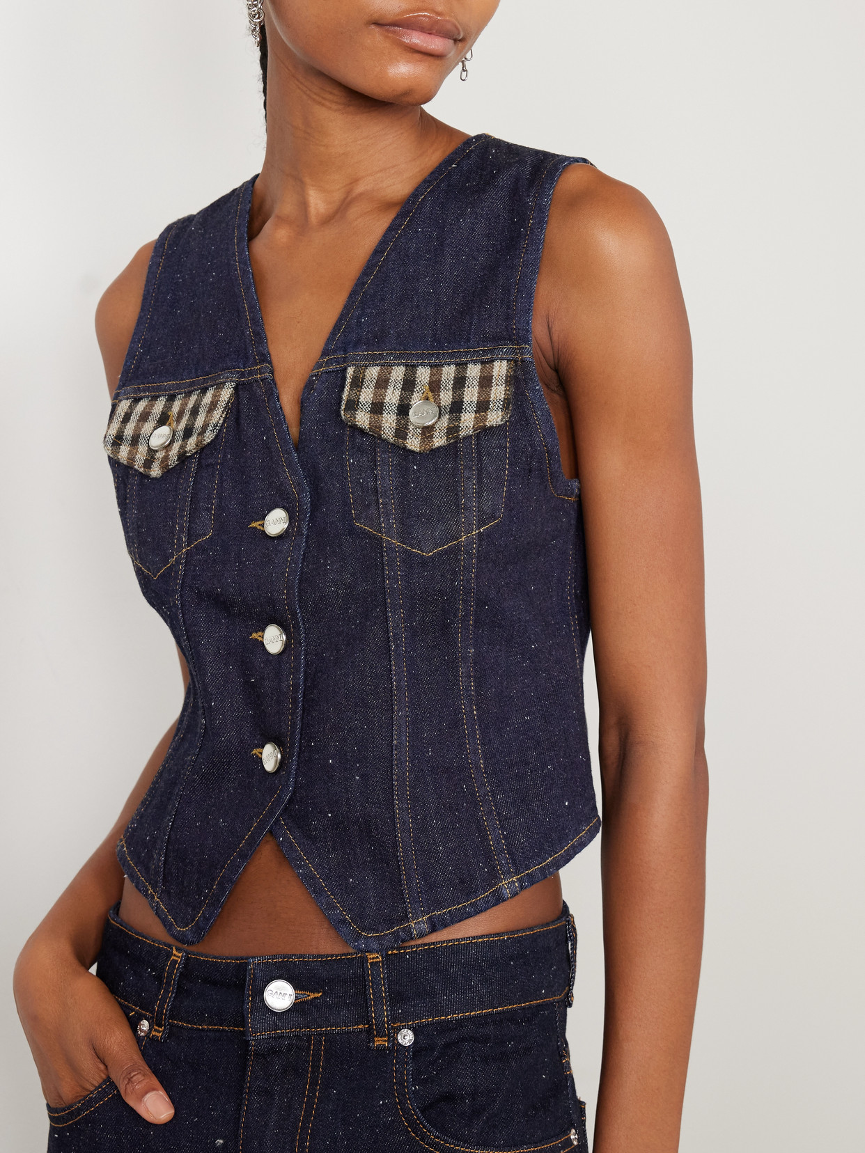 Ganni Neppy Checked Tweed-trimmed Organic Denim Vest In Blue