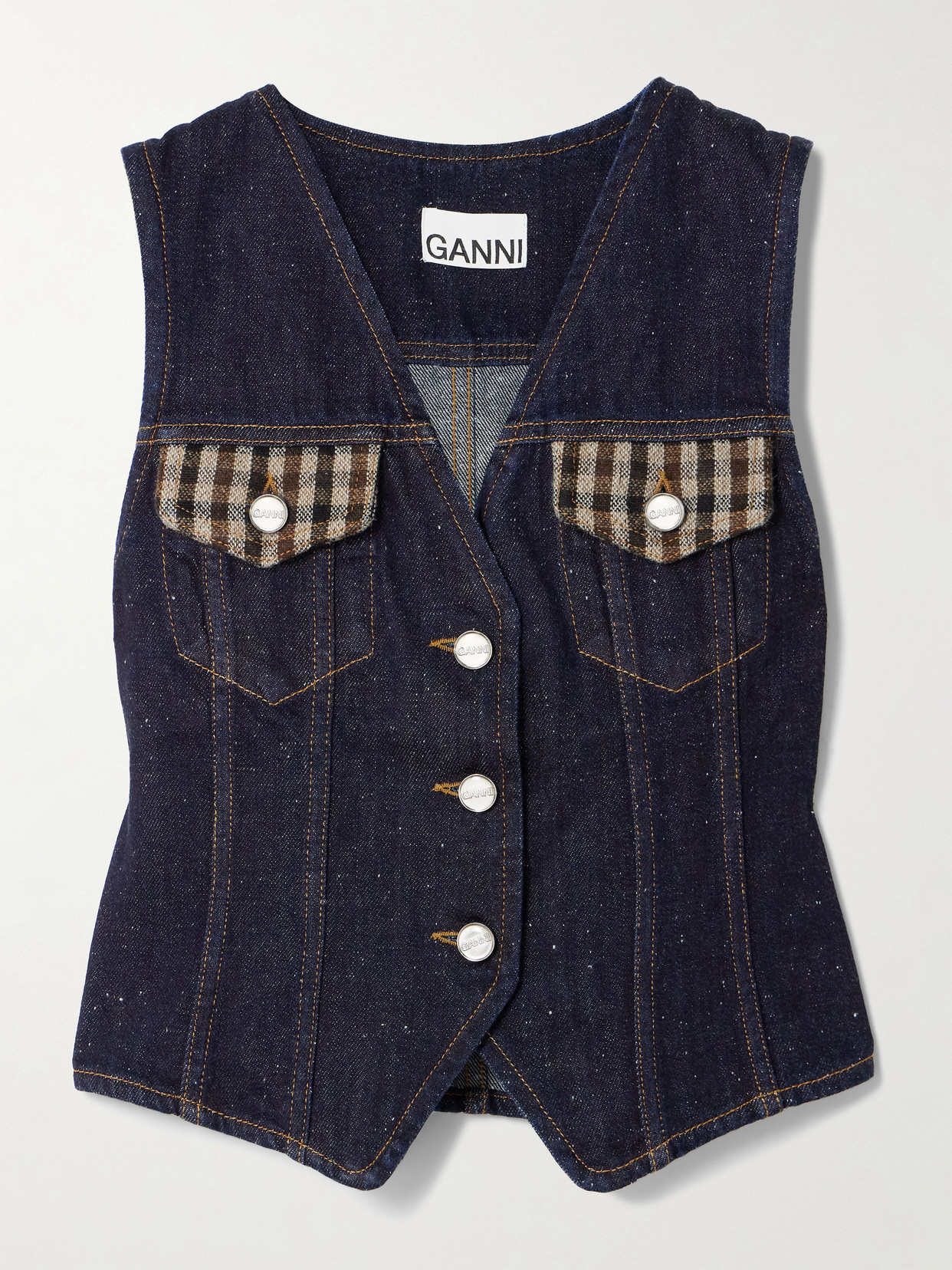 Ganni Neppy Checked Tweed-trimmed Organic Denim Vest In Blue