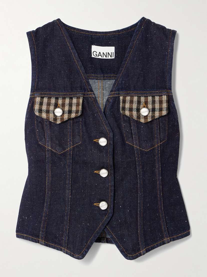 Ganni Neppy Checked Tweed-trimmed Organic Denim Vest