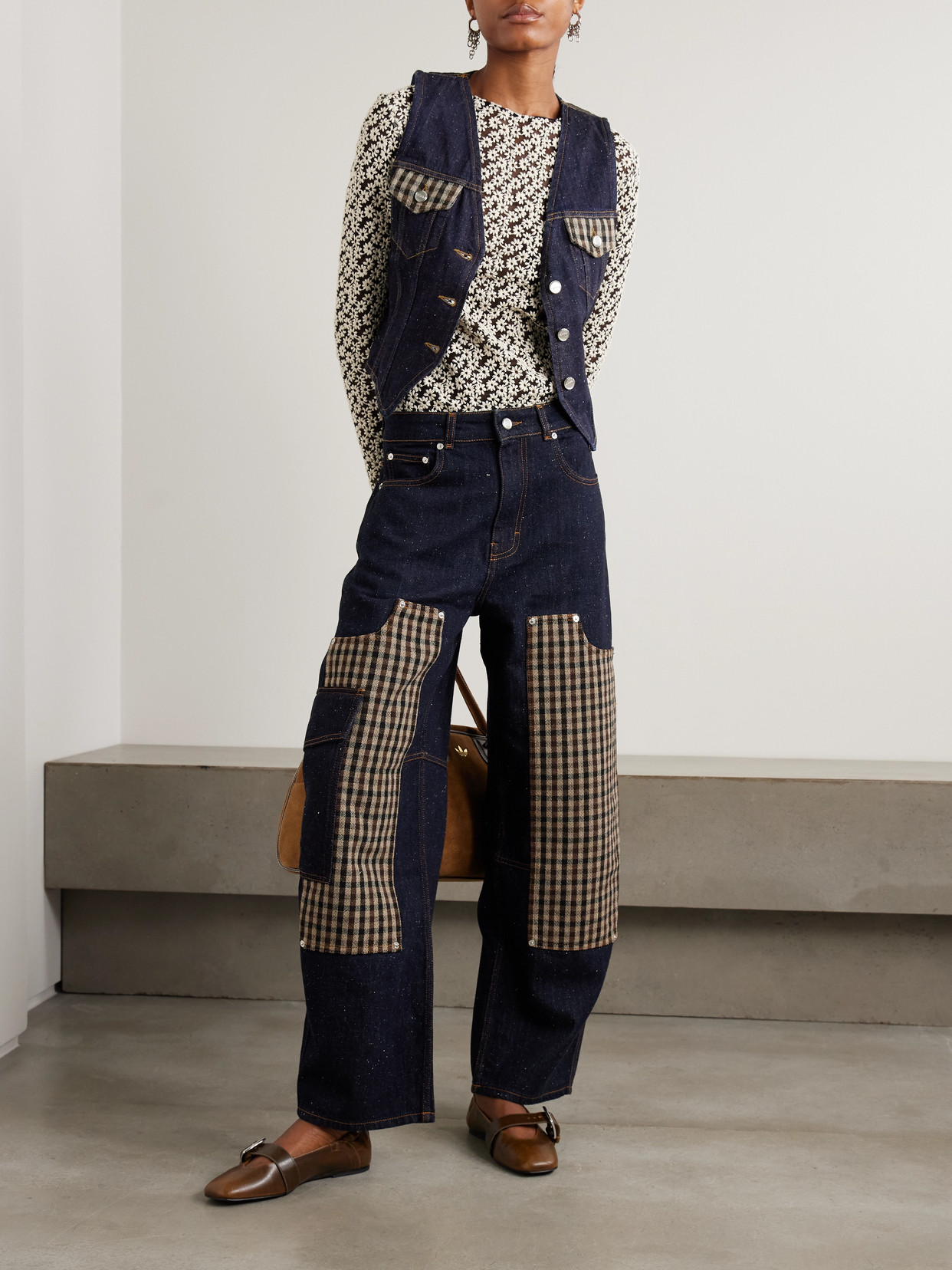 Ganni Neppy Checked Tweed-trimmed Organic Denim Vest In Blue