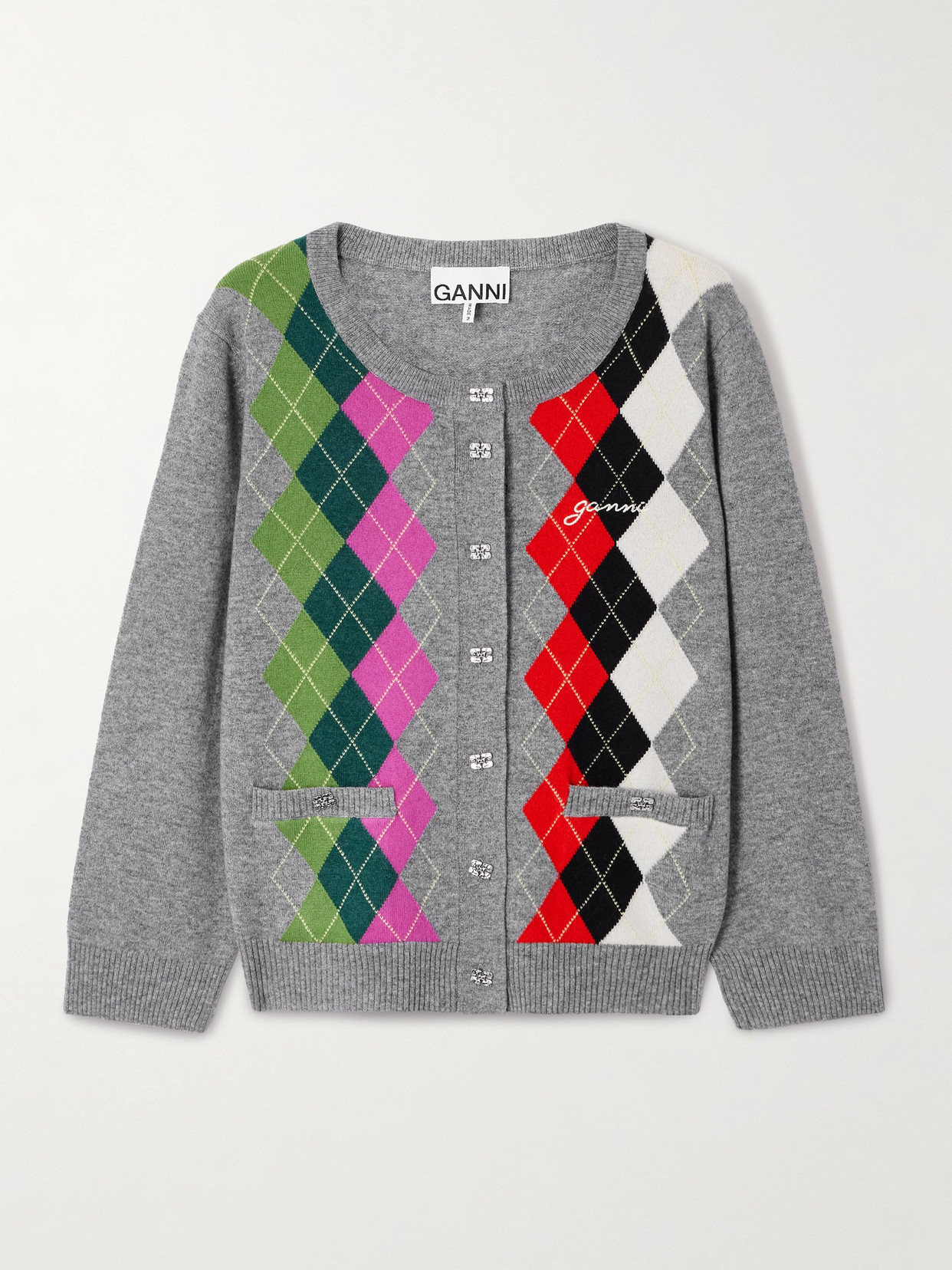 Ganni Logo-embroidered Argyle Merino Wool And Cashmere-blend Cardigan In Multi