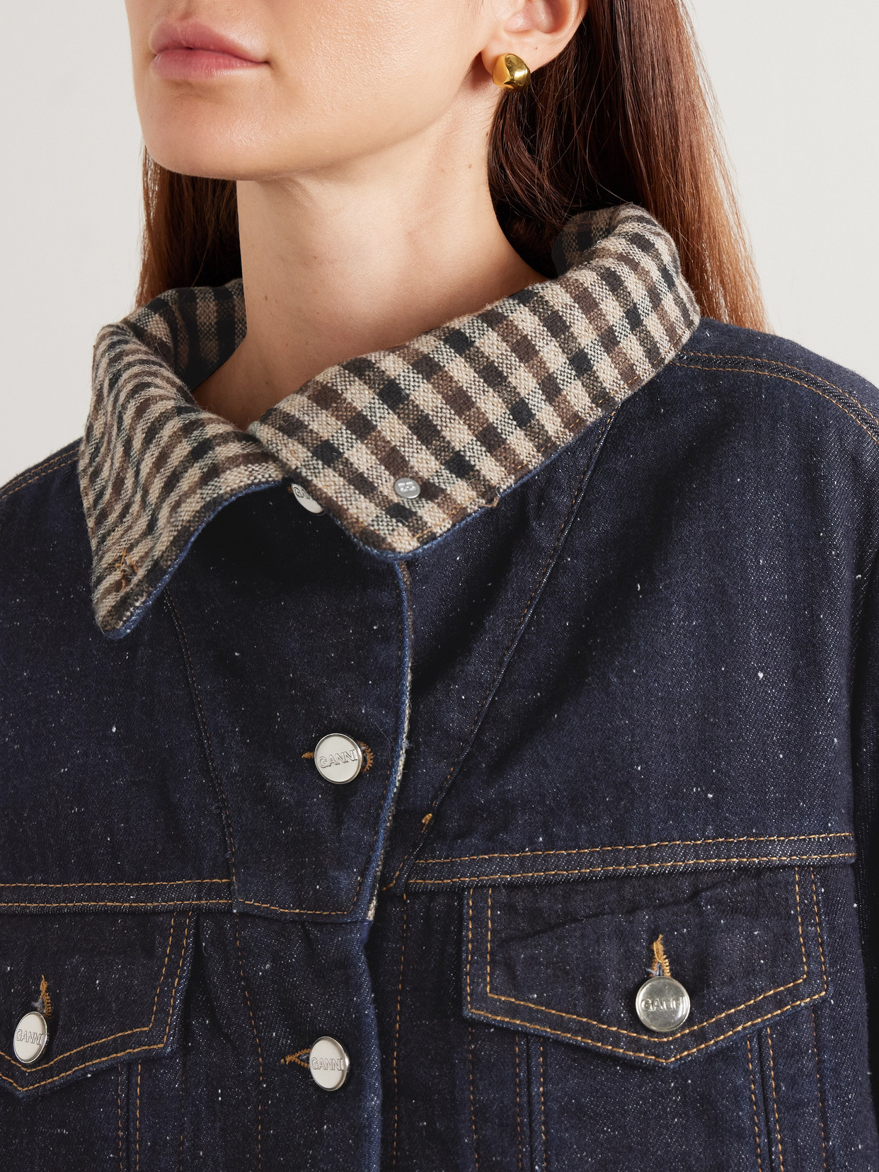 Neppy Checked Tweed-Trimmed Organic Denim Jacket