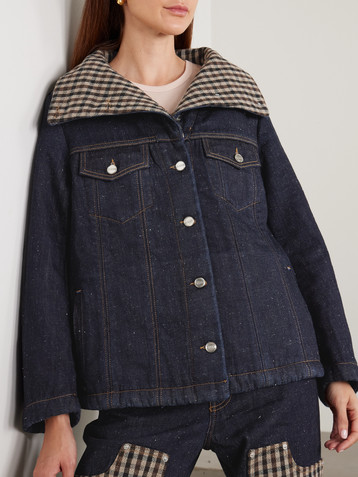 GANNI Neppy checked tweed-trimmed organic denim jacket