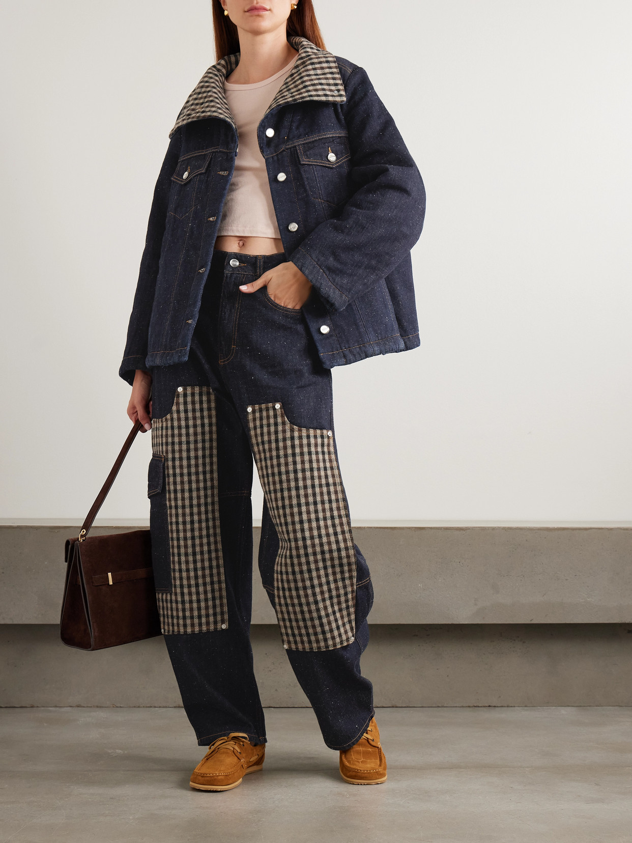 Neppy Checked Tweed-Trimmed Organic Denim Jacket