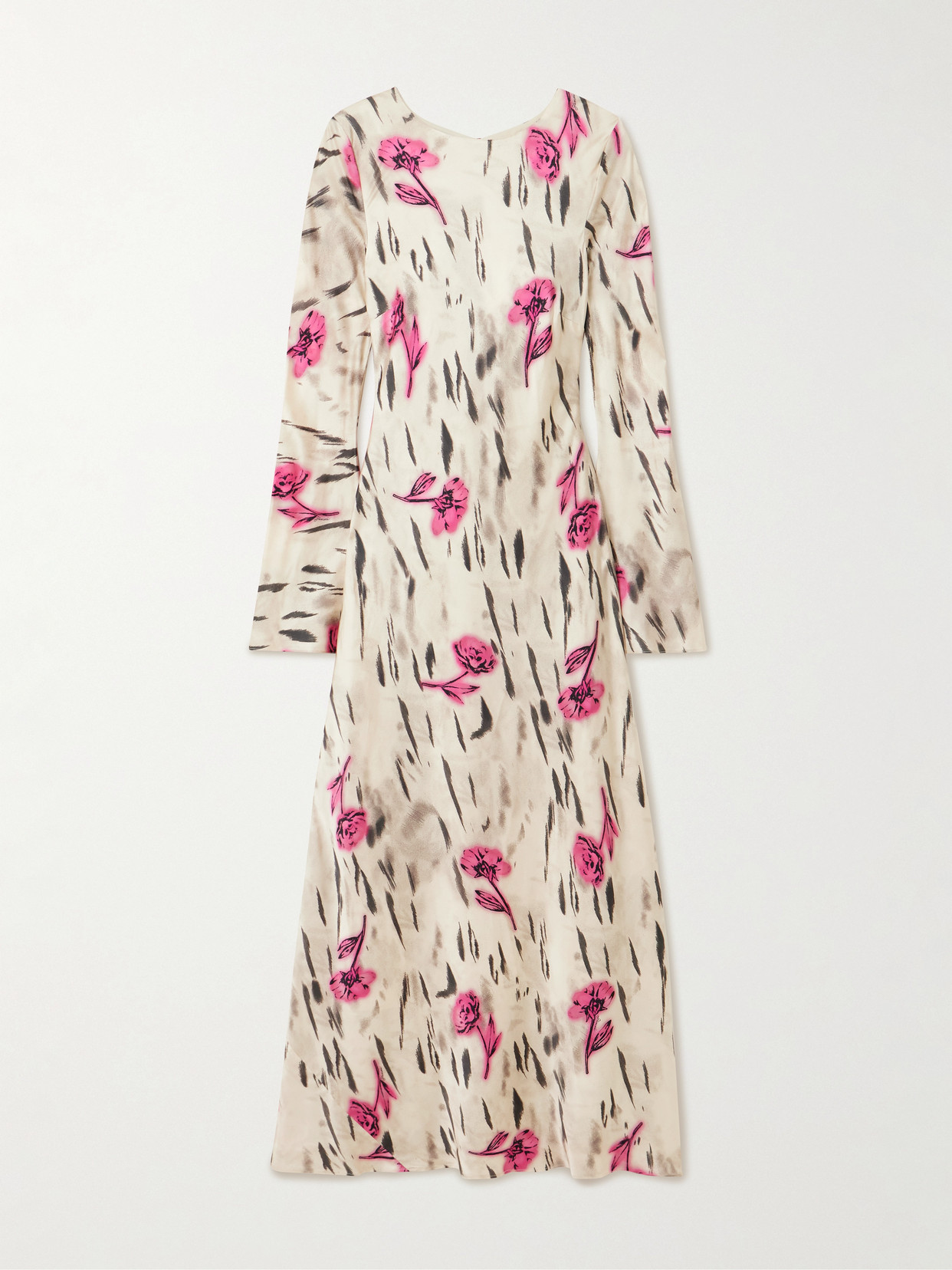 Ganni Open-back Floral-print Satin Maxi Dress In Neutral