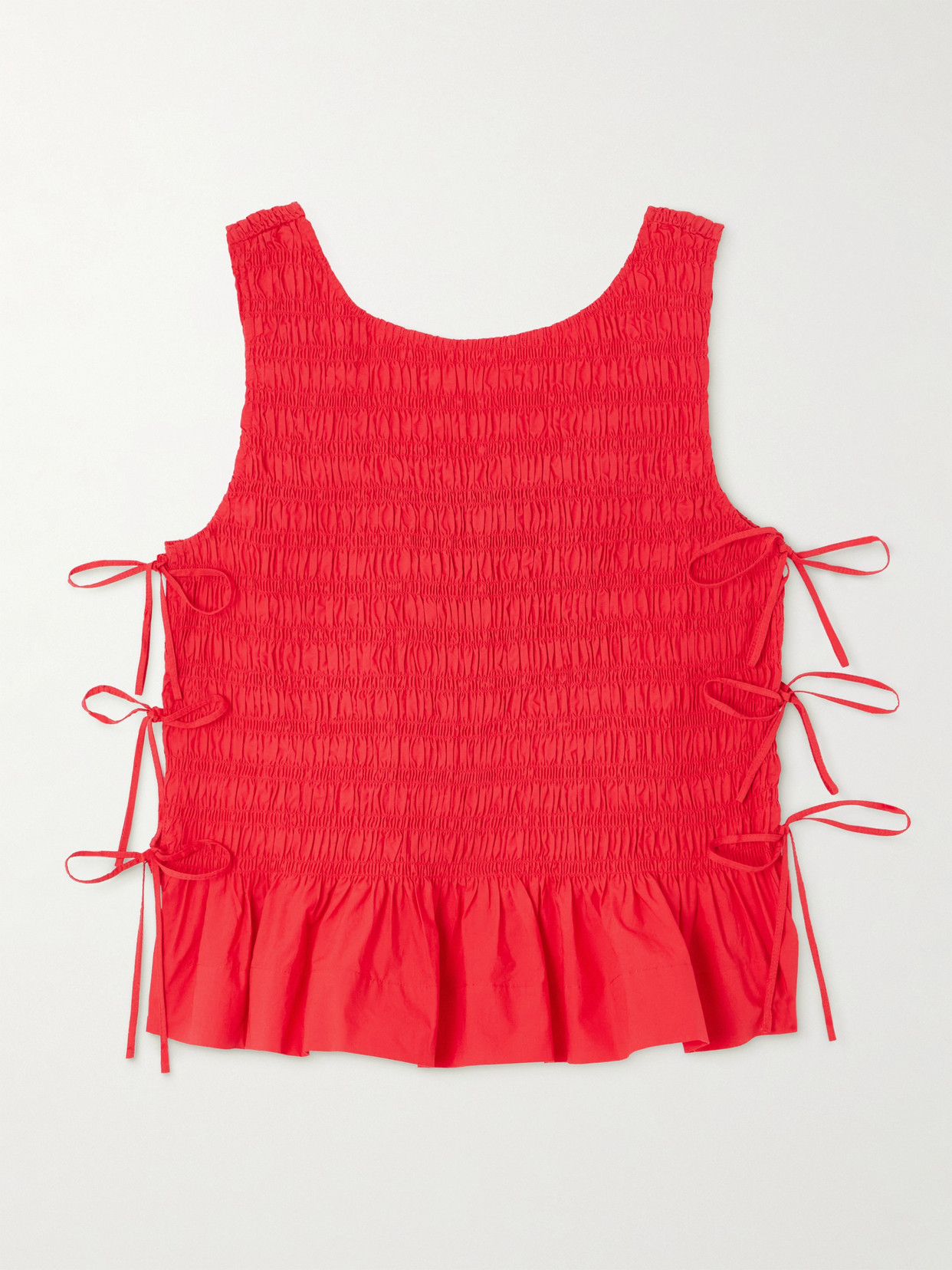Ganni Tie-detailed Ruffled Shirred Organic Cotton-poplin Tank