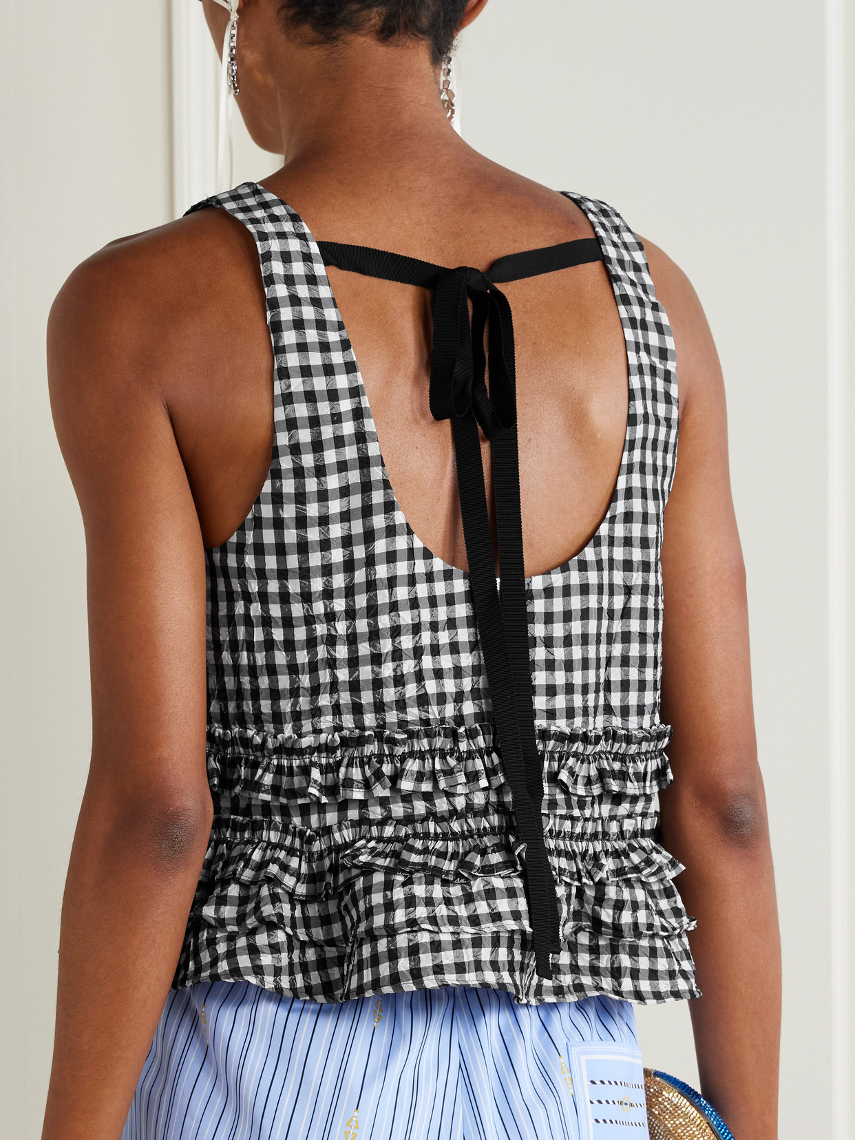 Ganni Crinkled Check Frill Top In Black In Black