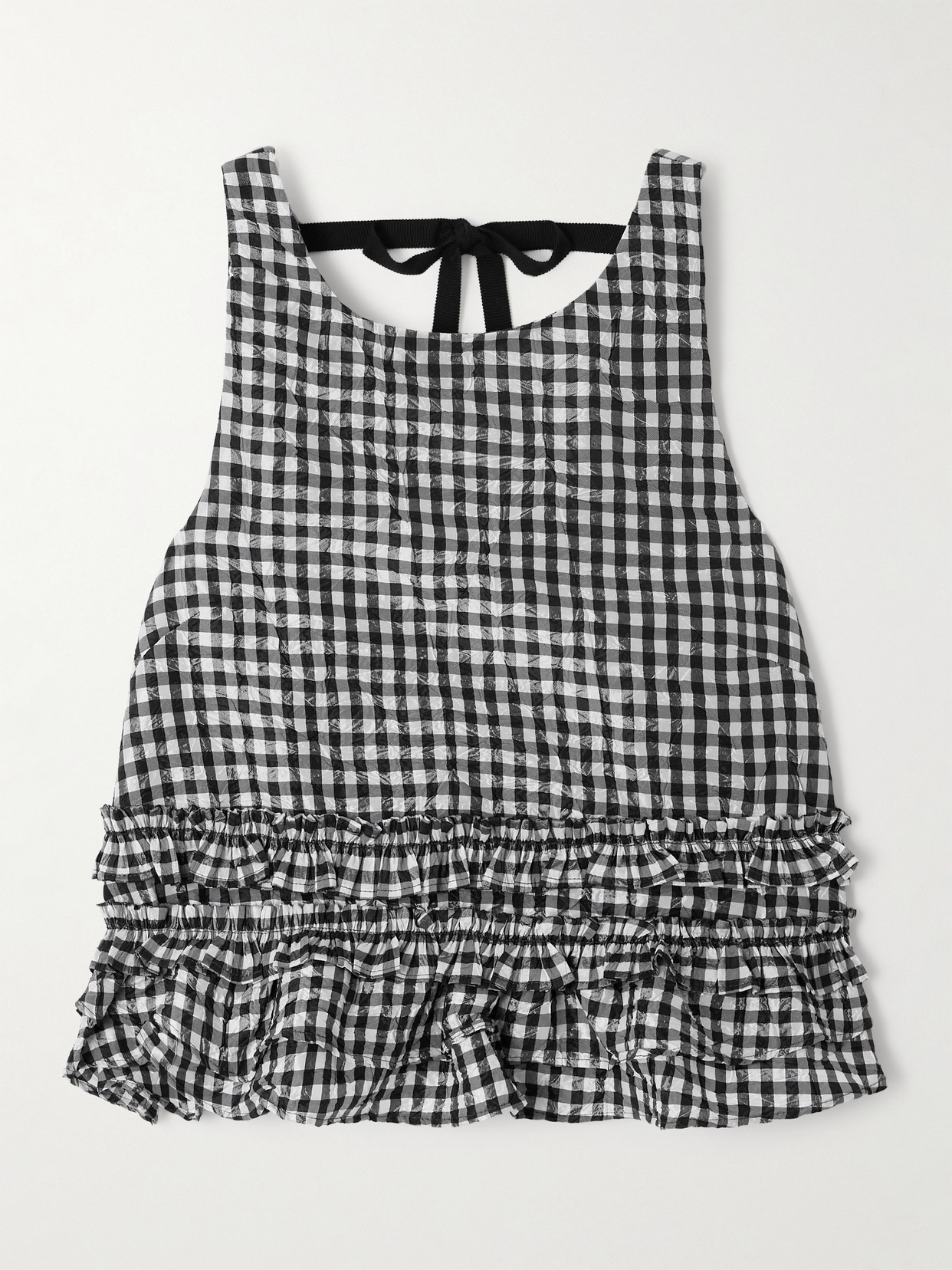 Ganni Crinkled Check Frill Top In Black In Black