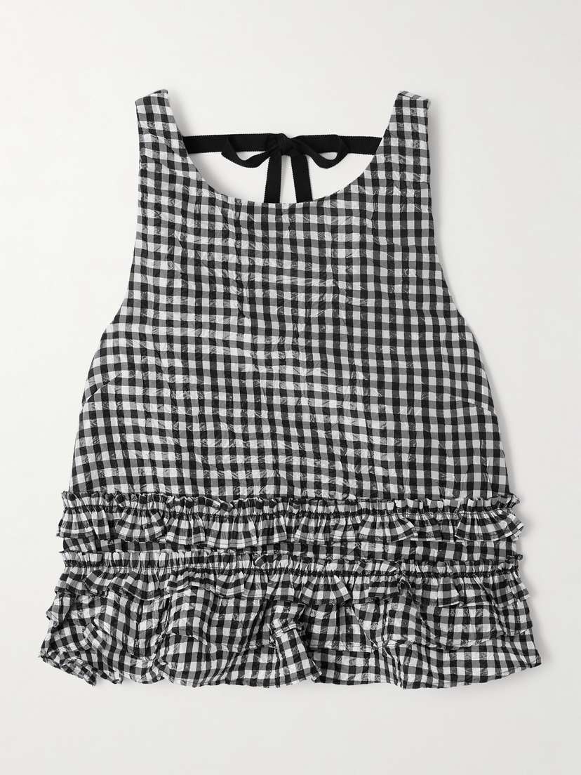 Ganni Grosgrain-trimmed Ruffled Gingham Crinkled Recycled-taffeta Top