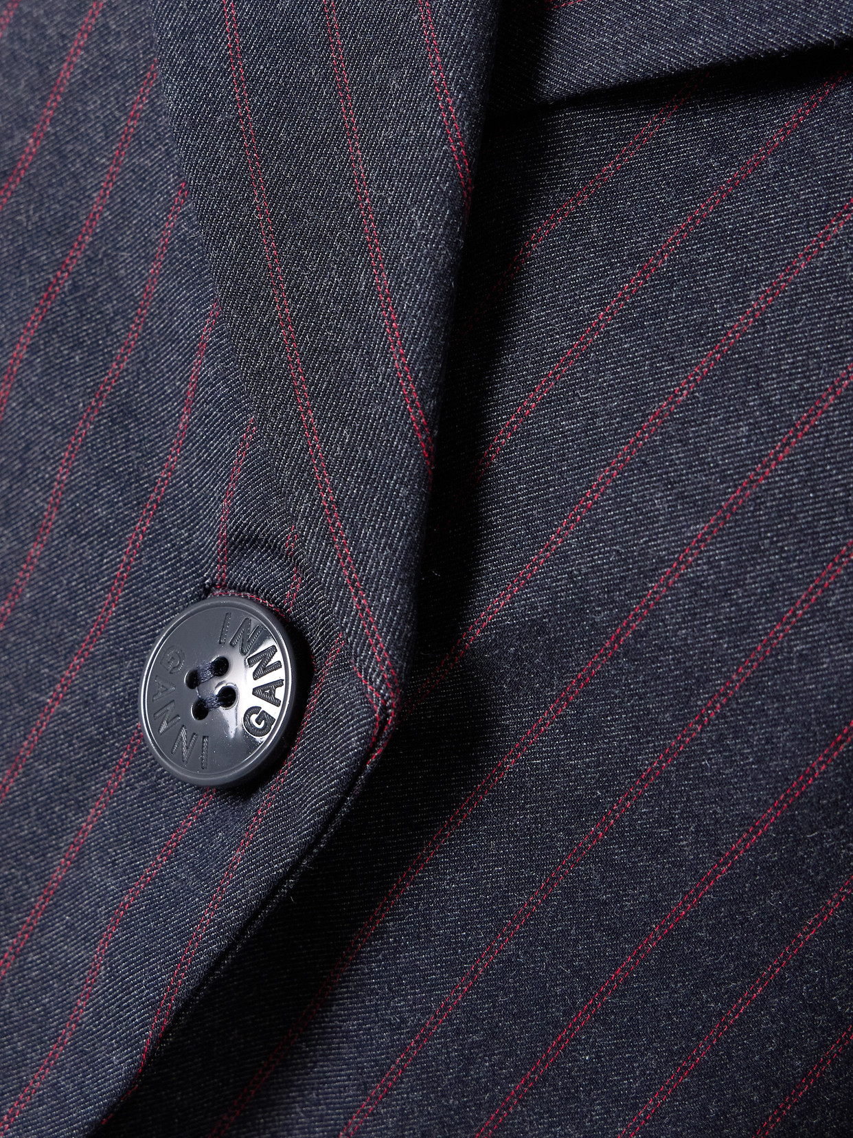 Ganni Asymmetric Pinstriped Woven Blazer In Blue