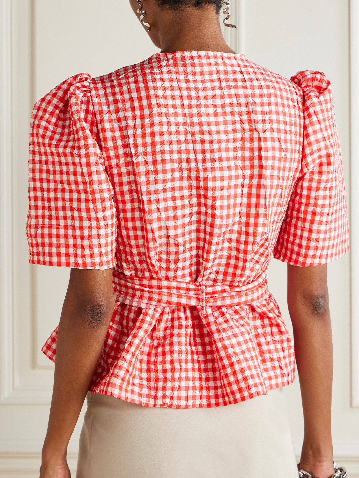 Ganni Bow-detailed Gingham Crinkled-taffeta Peplum Blouse In Red