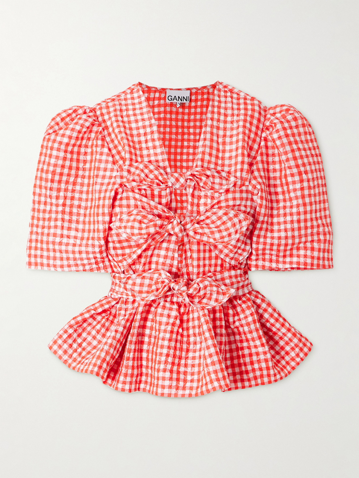 Ganni Bow-detailed Gingham Crinkled-taffeta Peplum Blouse In Red