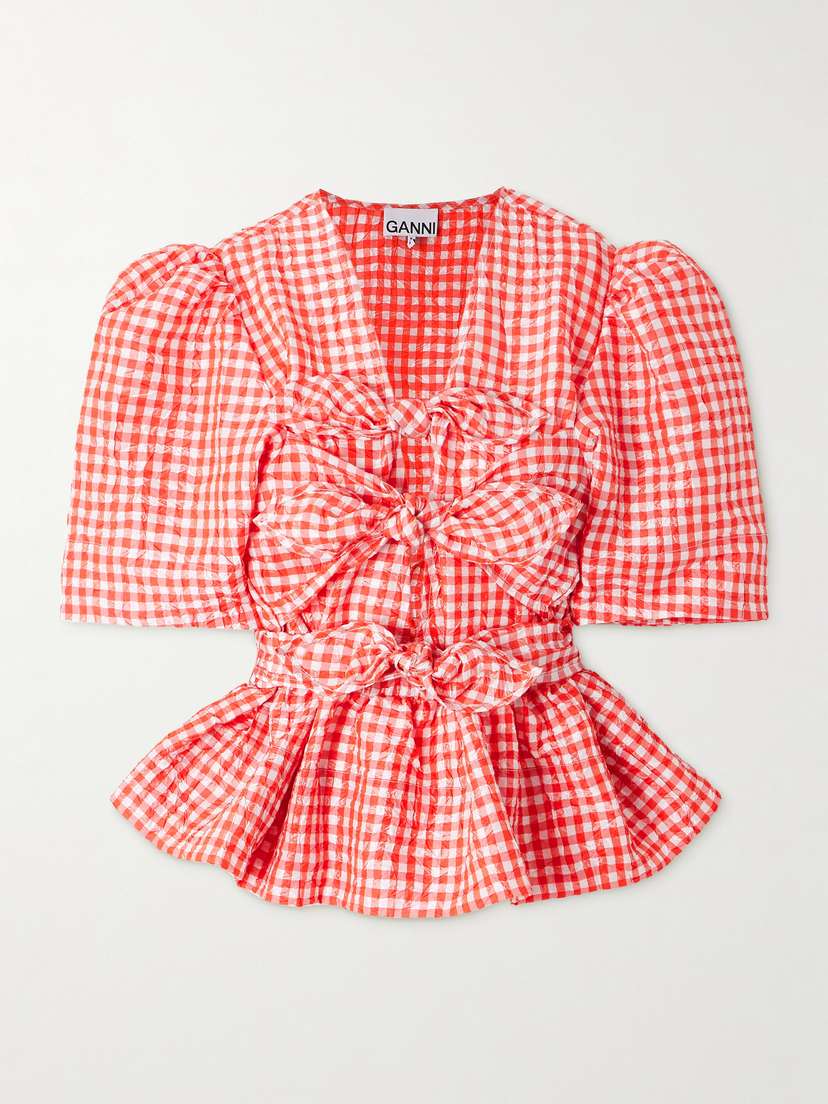Ganni Bow-detailed Gingham Crinkled-taffeta Peplum Blouse