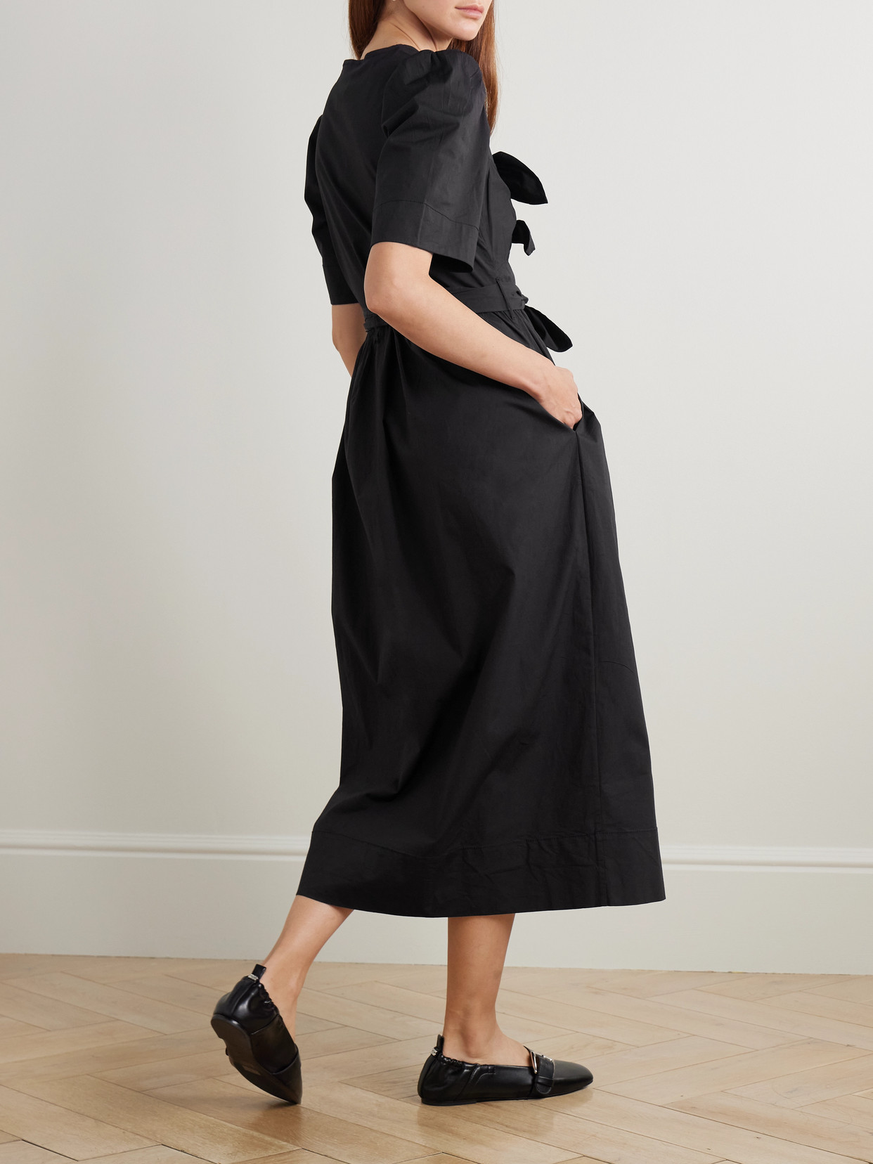 Ganni Belted Bow-embellished Stretch-cotton Poplin Midi Dress