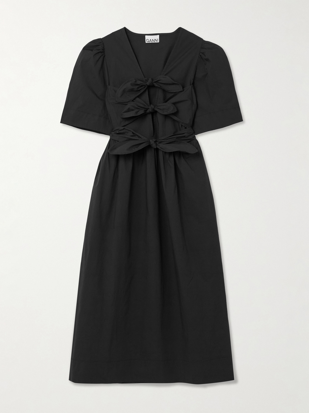Ganni Belted Bow-embellished Stretch-cotton Poplin Midi Dress In Black