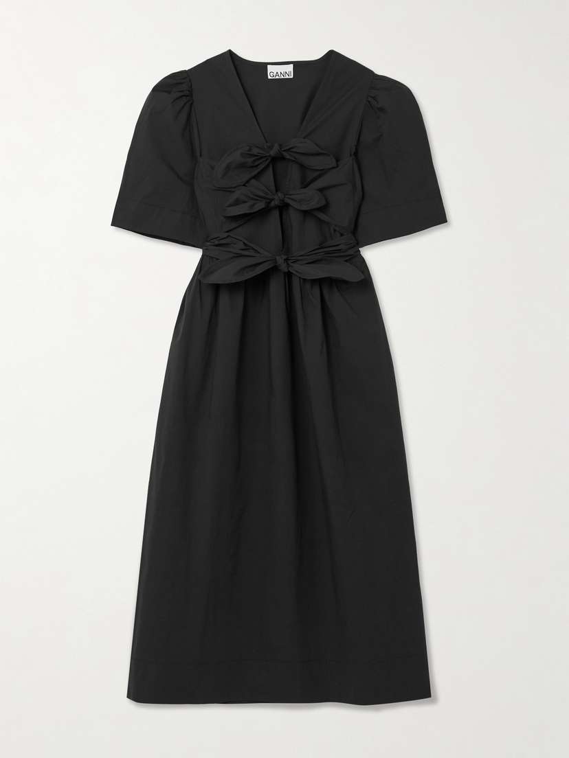 Ganni Belted Bow-embellished Stretch-cotton Poplin Midi Dress