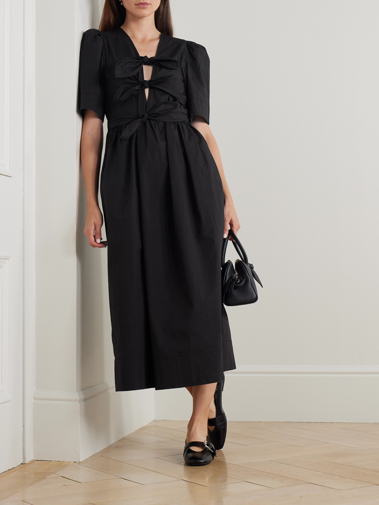 Ganni Belted Bow-embellished Stretch-cotton Poplin Midi Dress