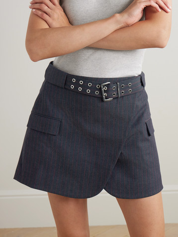 GANNI Belted pinstriped woven wrap mini skirt