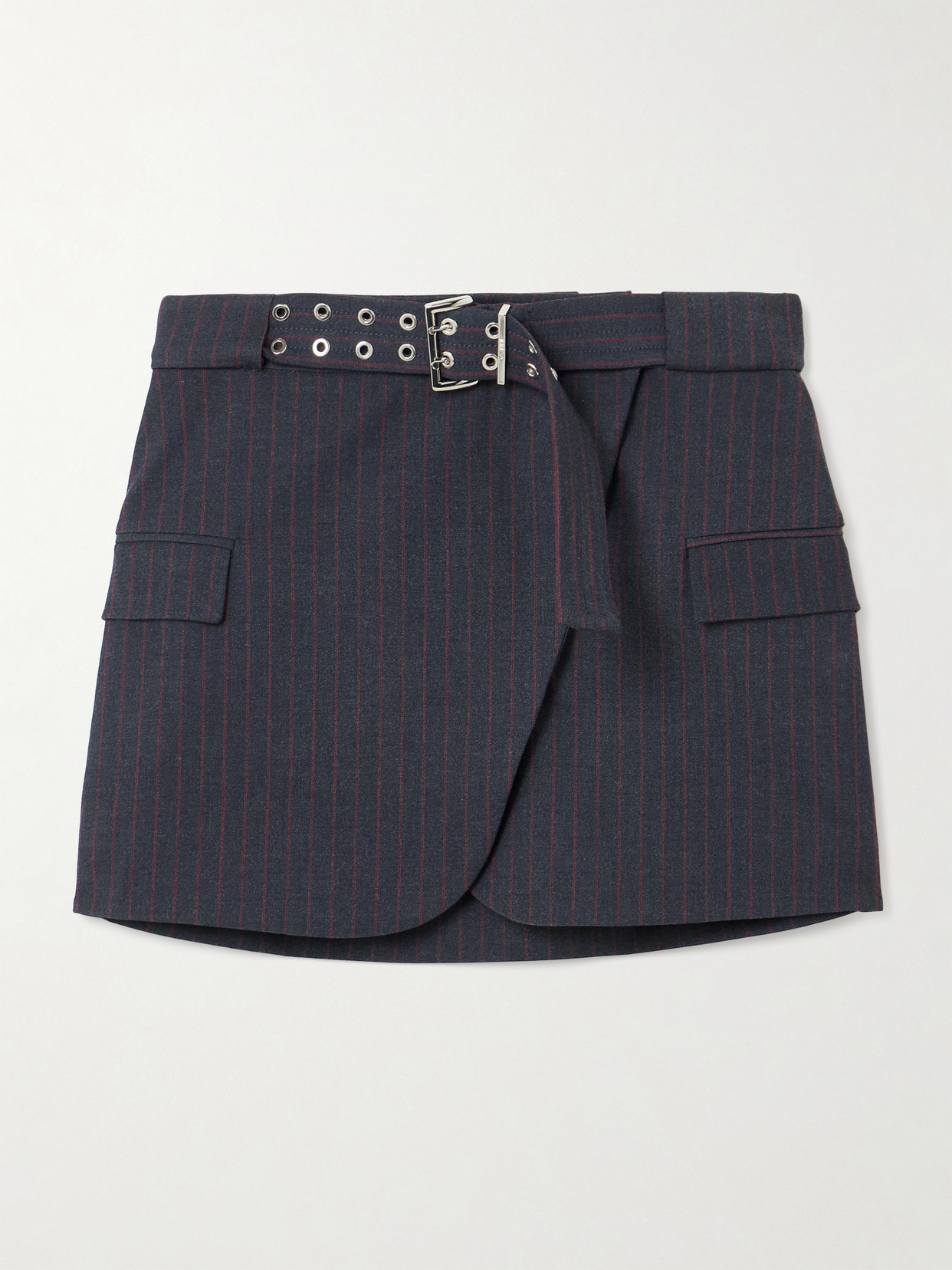 Ganni Belted Pinstriped Woven Wrap Mini Skirt In Black