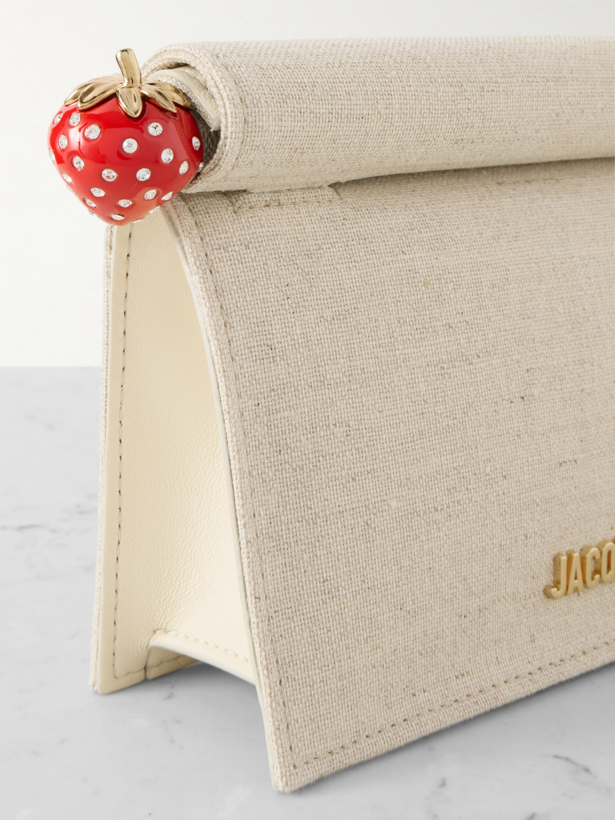 Jacquemus Pochette Small Embellished Leather-trimmed Canvas Clutch In Neutral