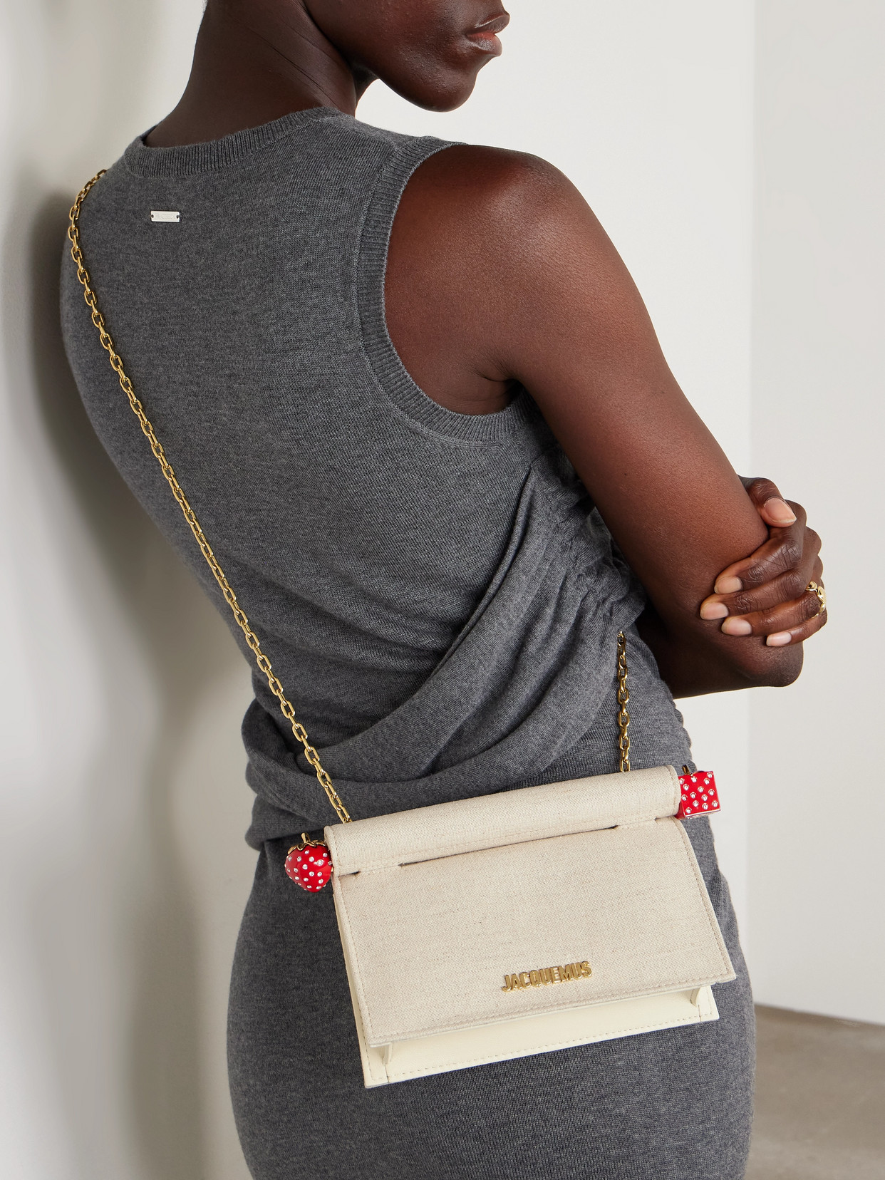 Jacquemus Pochette Small Embellished Leather-trimmed Canvas Clutch In Neutral