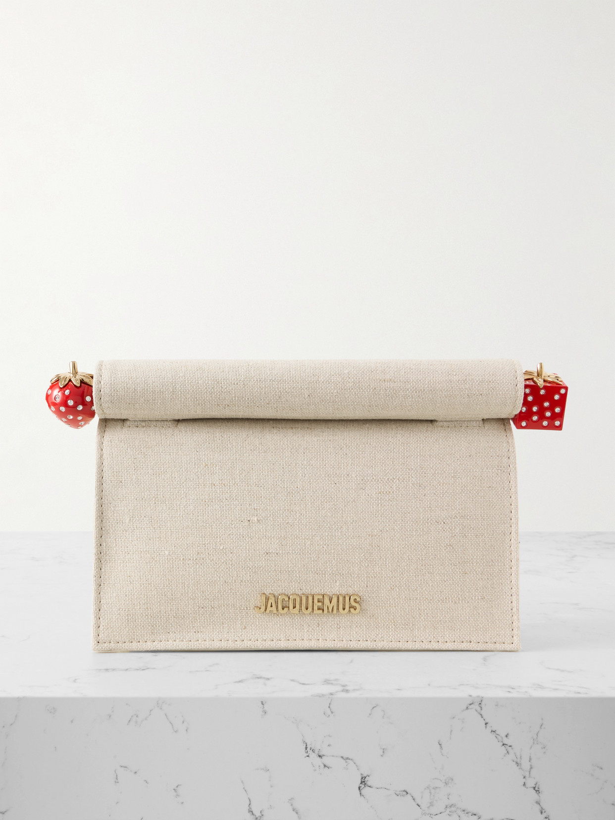 Jacquemus Pochette Small Embellished Leather-trimmed Canvas Clutch In Neutral