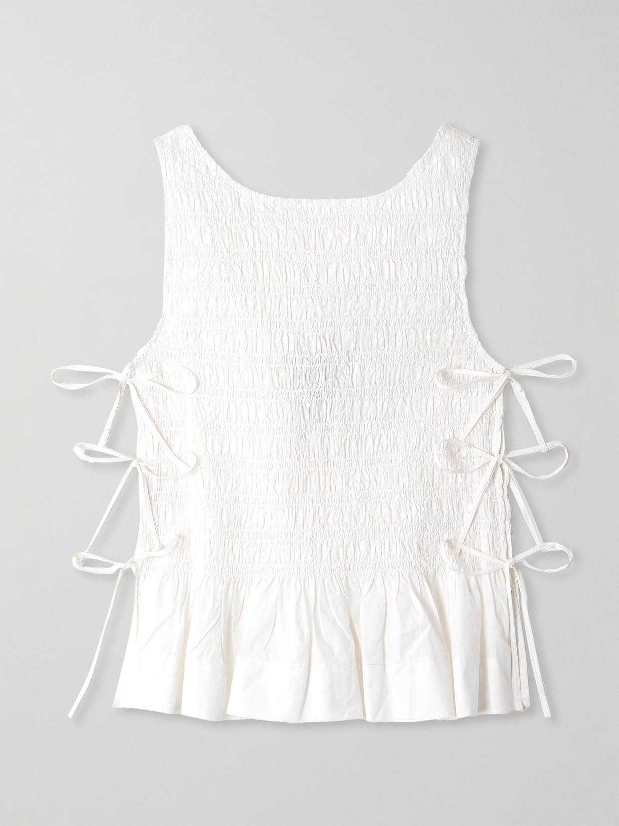 Ganni Tie-detailed Ruffled Shirred Organic Cotton-poplin Tank