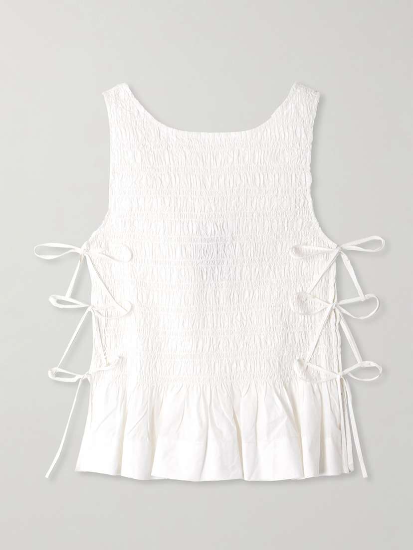 Ganni Tie-detailed Ruffled Shirred Organic Cotton-poplin Tank