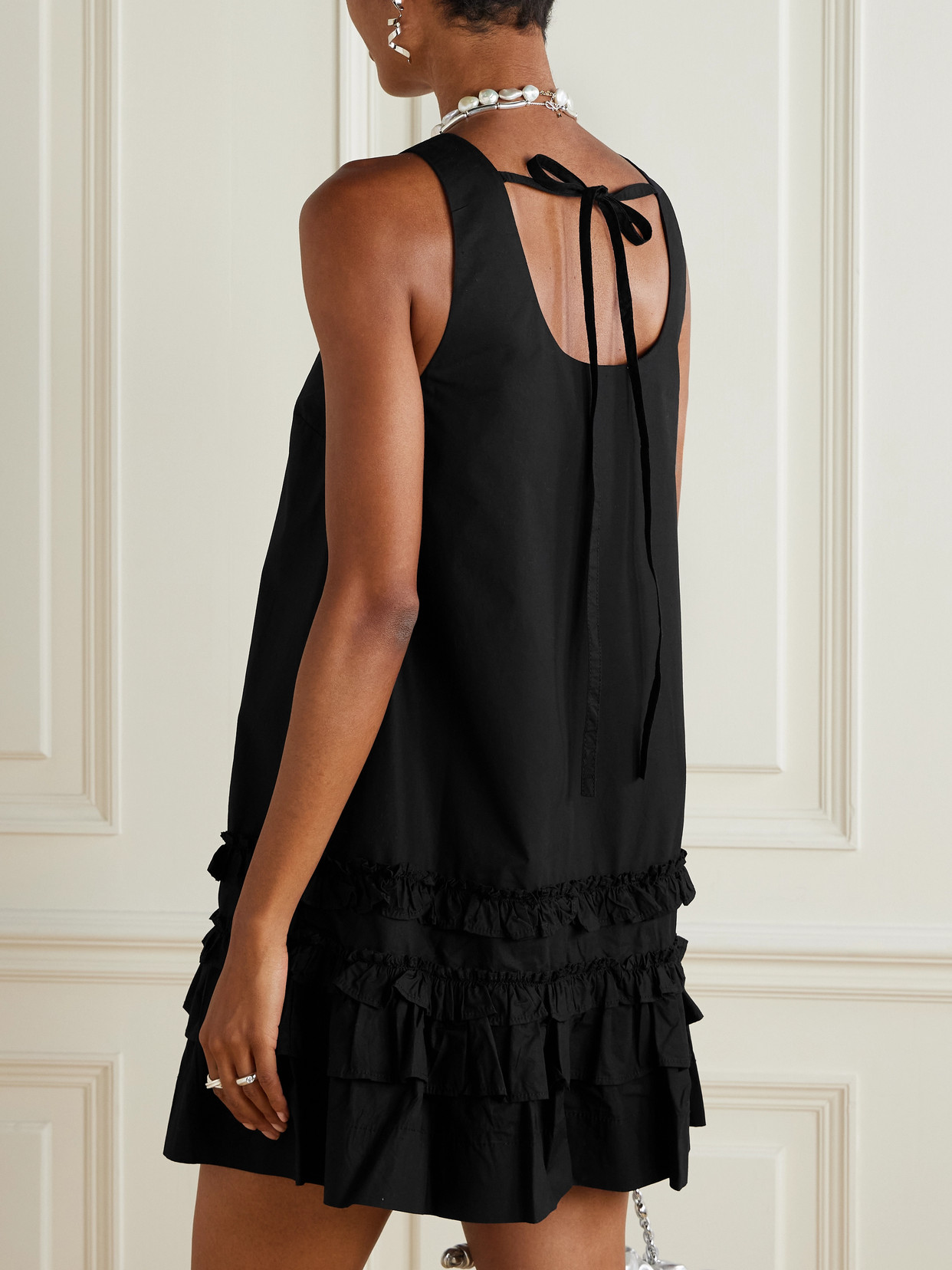 Ganni Ruffle Sleeveless Square Neck Mini Dress In Black