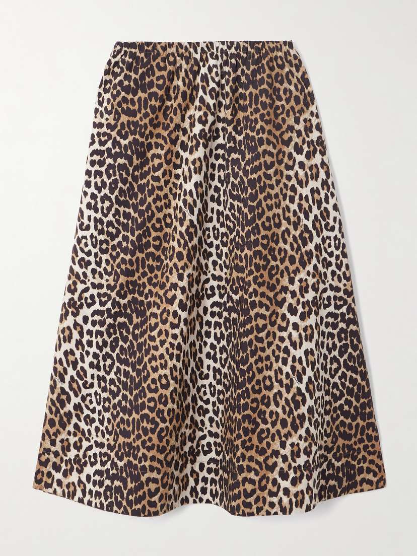 Ganni Leopard-print Organic Cotton-poplin Midi Skirt