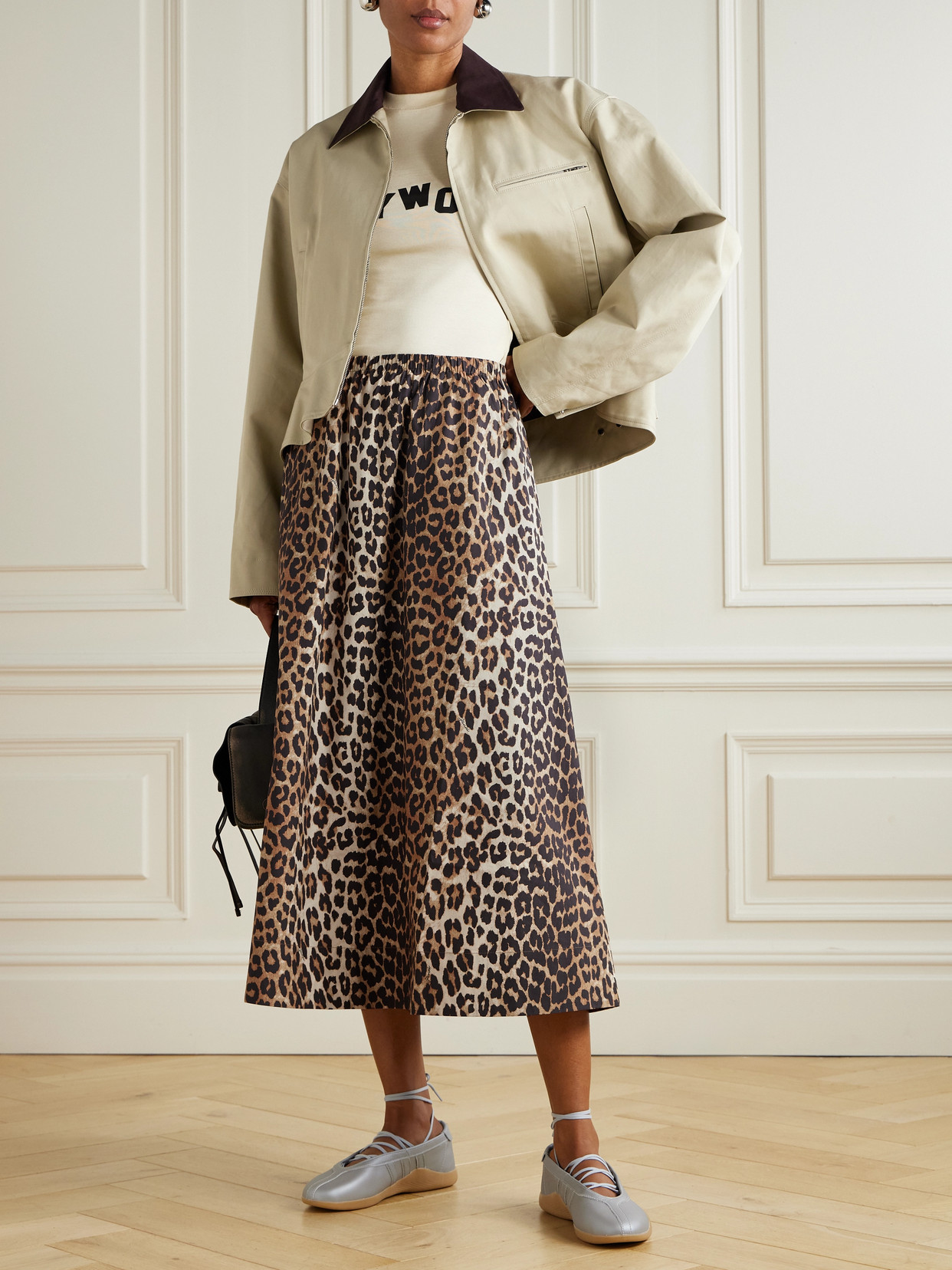 Ganni Leopard-print Organic Cotton-poplin Midi Skirt