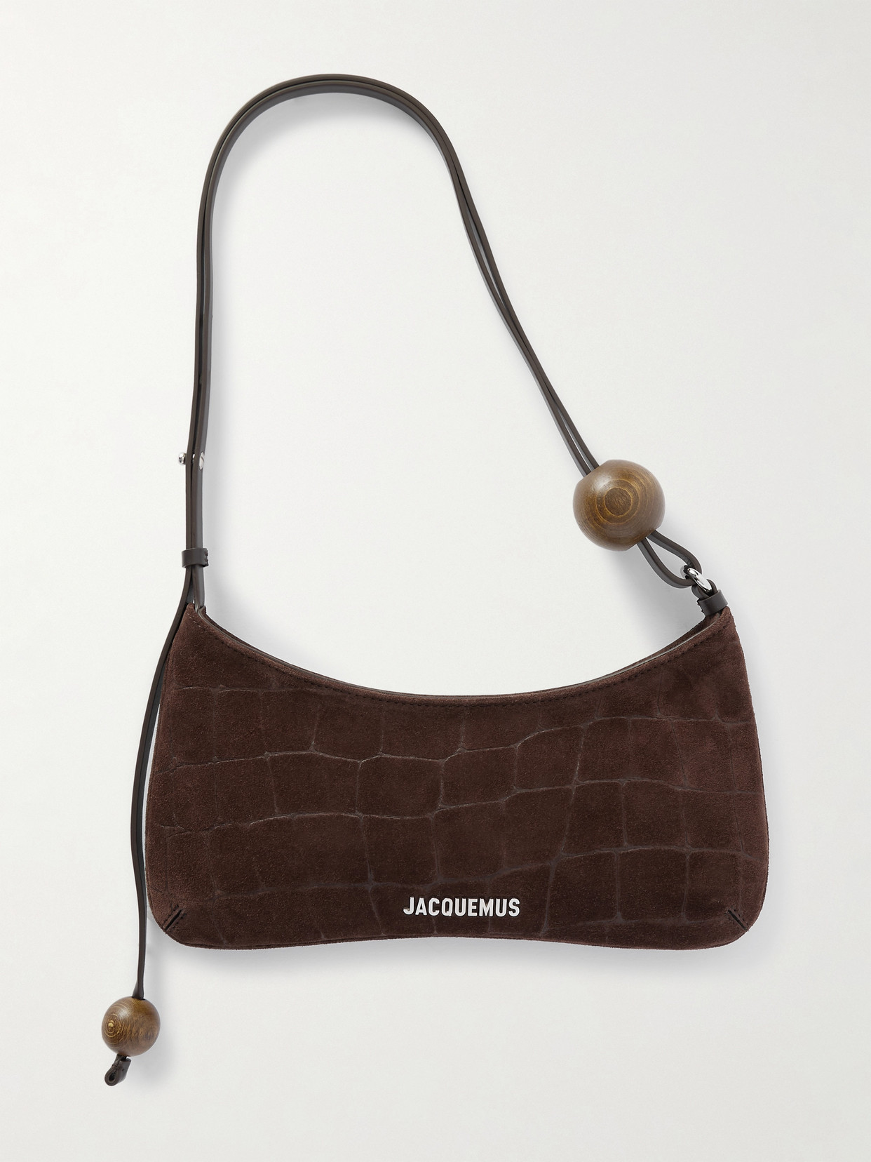 Jacquemus Le Bisou Perle Embellished Leather-trimmed Croc-effect Suede Shoulder Bag In Brown
