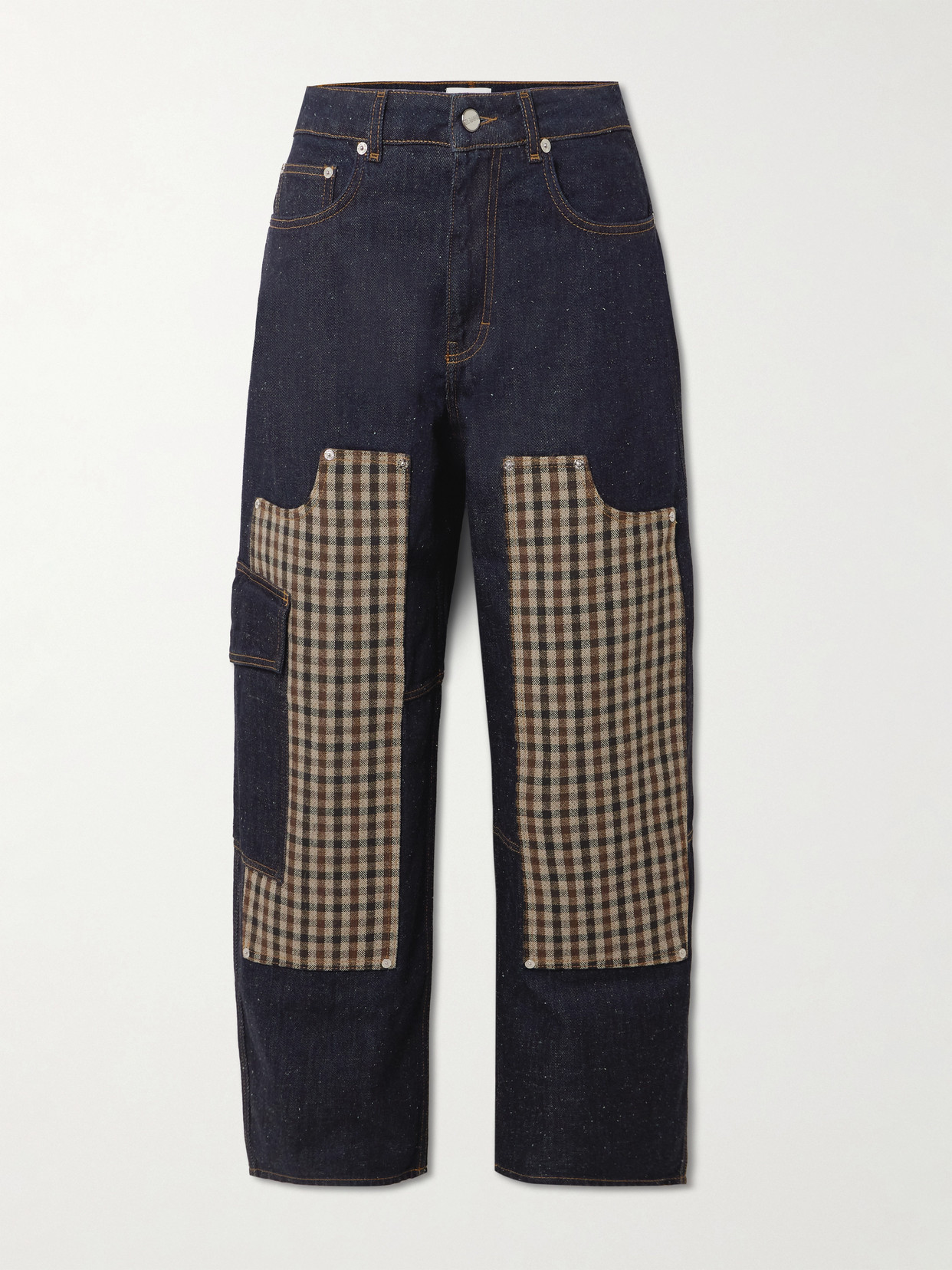 Ganni Checkered Patch Cargo Jeans In Blue
