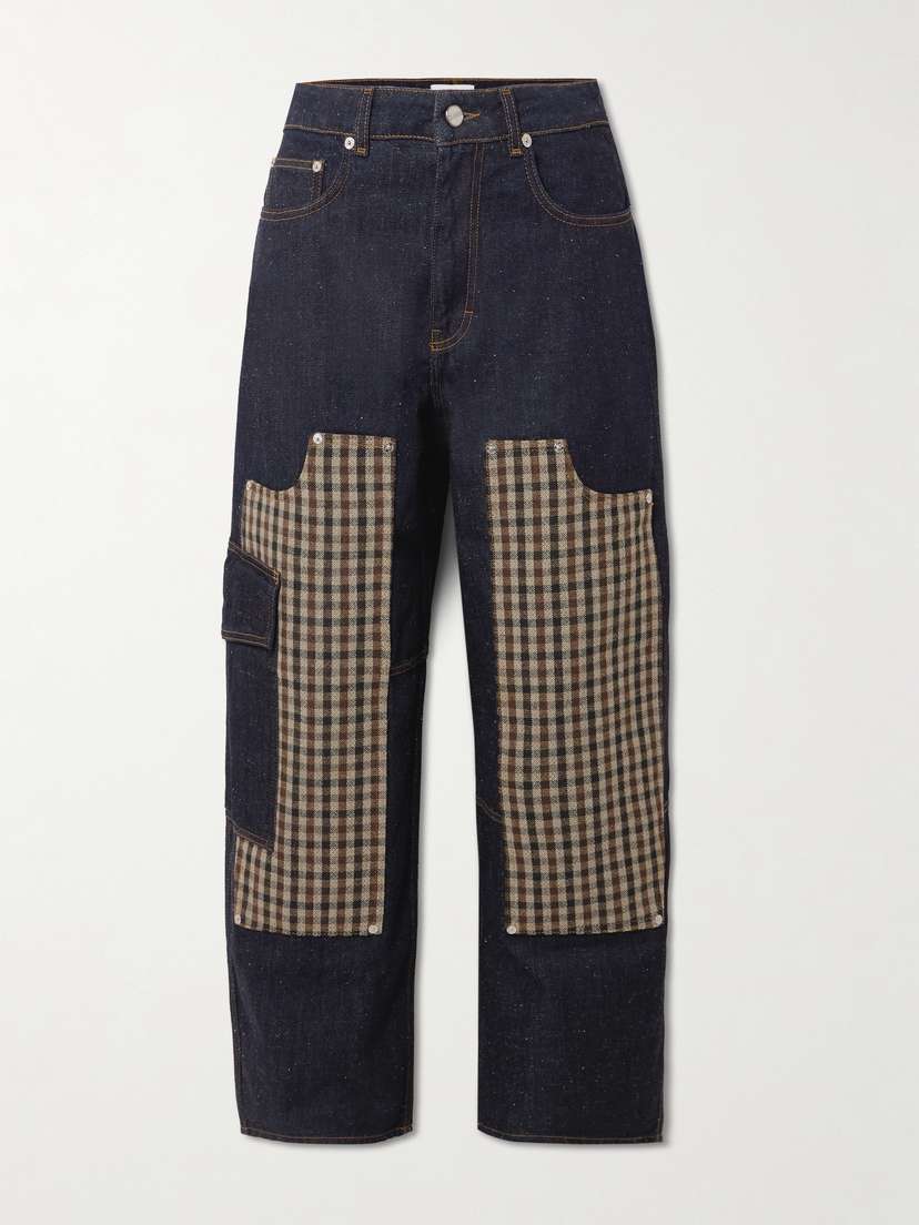 Ganni Neppy Carpenter Checked Recycled Tweed-paneled High-rise Barrel-leg Jeans