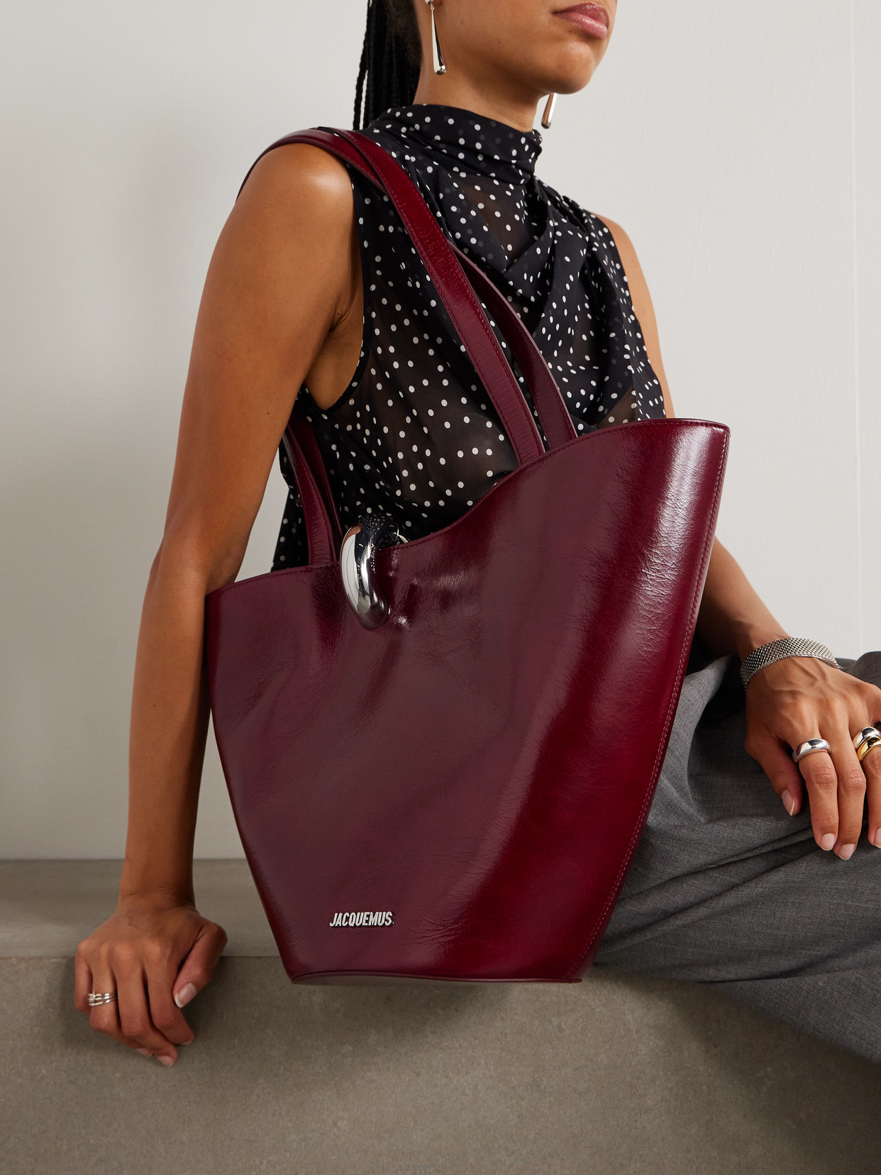 Jacquemus Le Bambola Moyen Embellished Crinkled-leather Bag In Burgundy