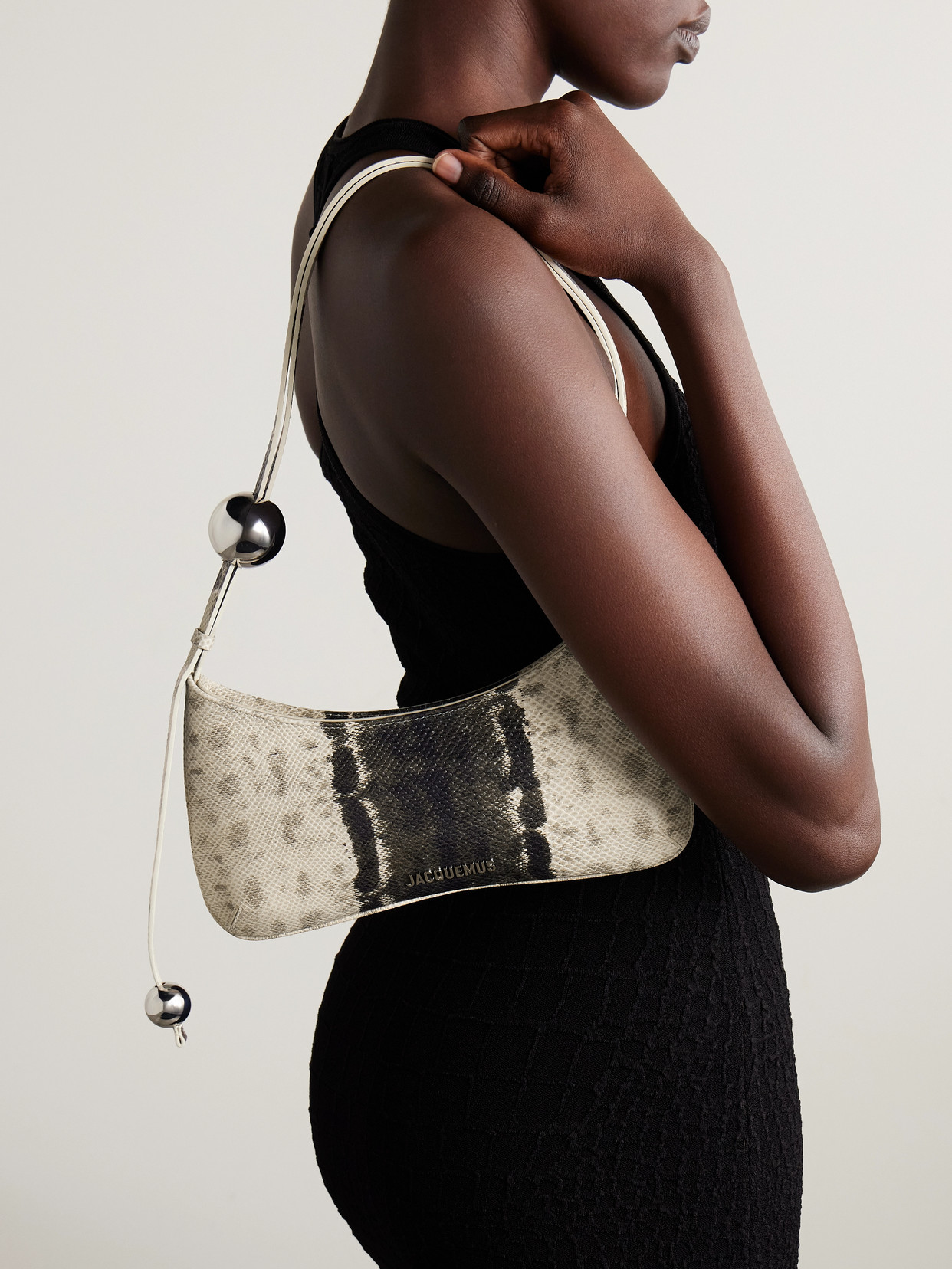 Jacquemus Le Bisou Perle Embellished Snake-effect Leather Shoulder Bag In Neutral