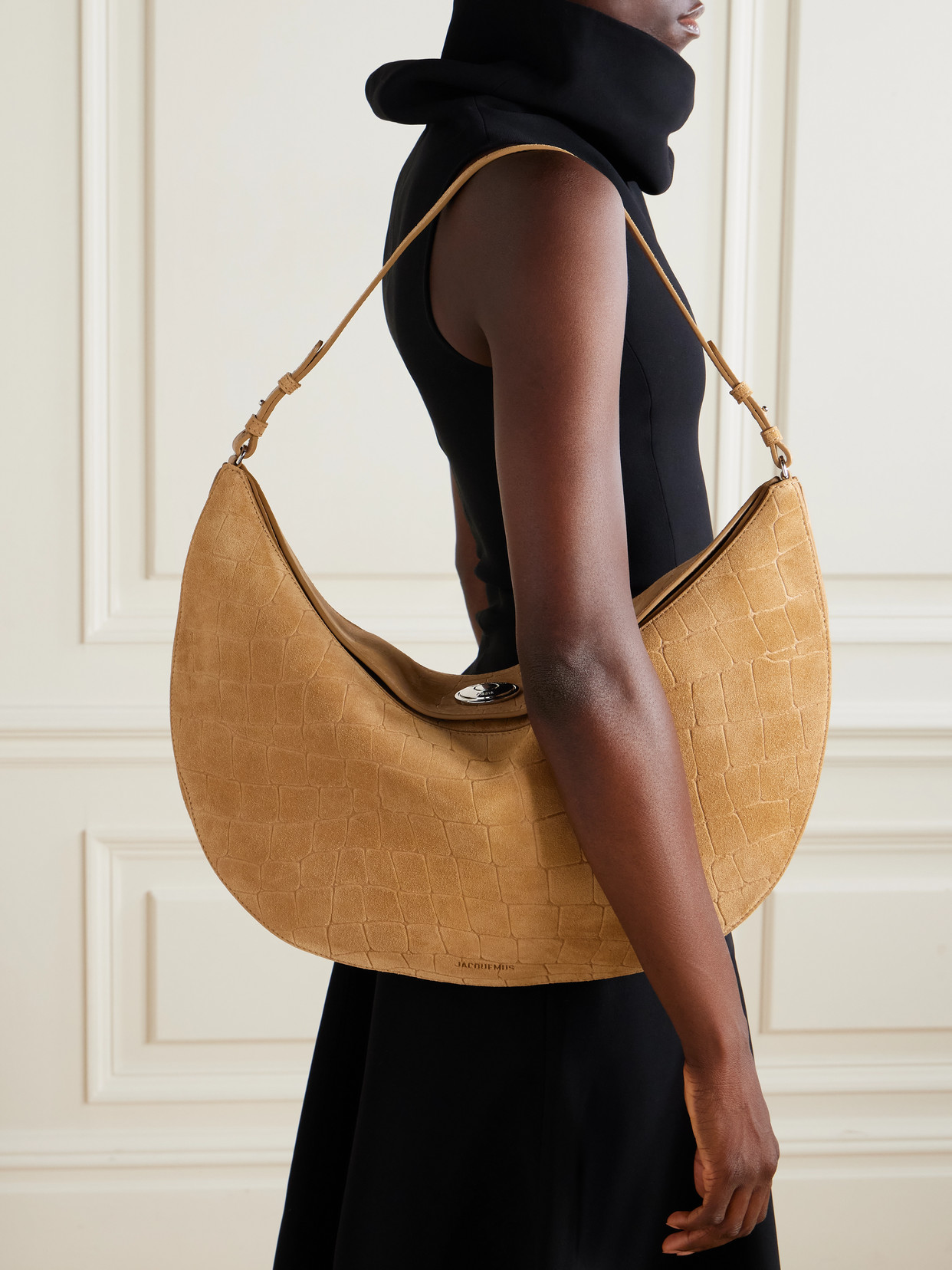 Jacquemus Crescent Crocodile Shoulder Bag With Adjustable Strap In Brown