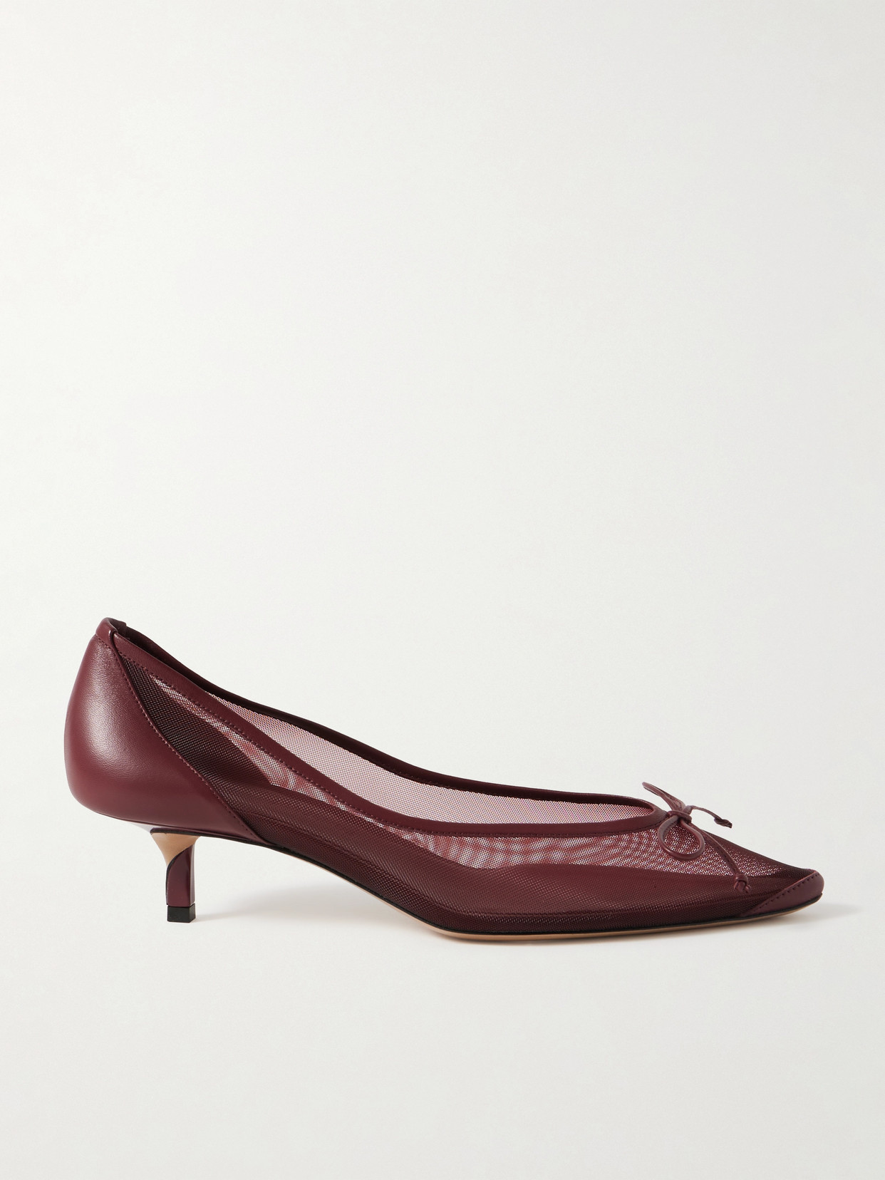 Jacquemus Tourni Bow-detailed Leather-trimmed Mesh Pumps In Burgundy