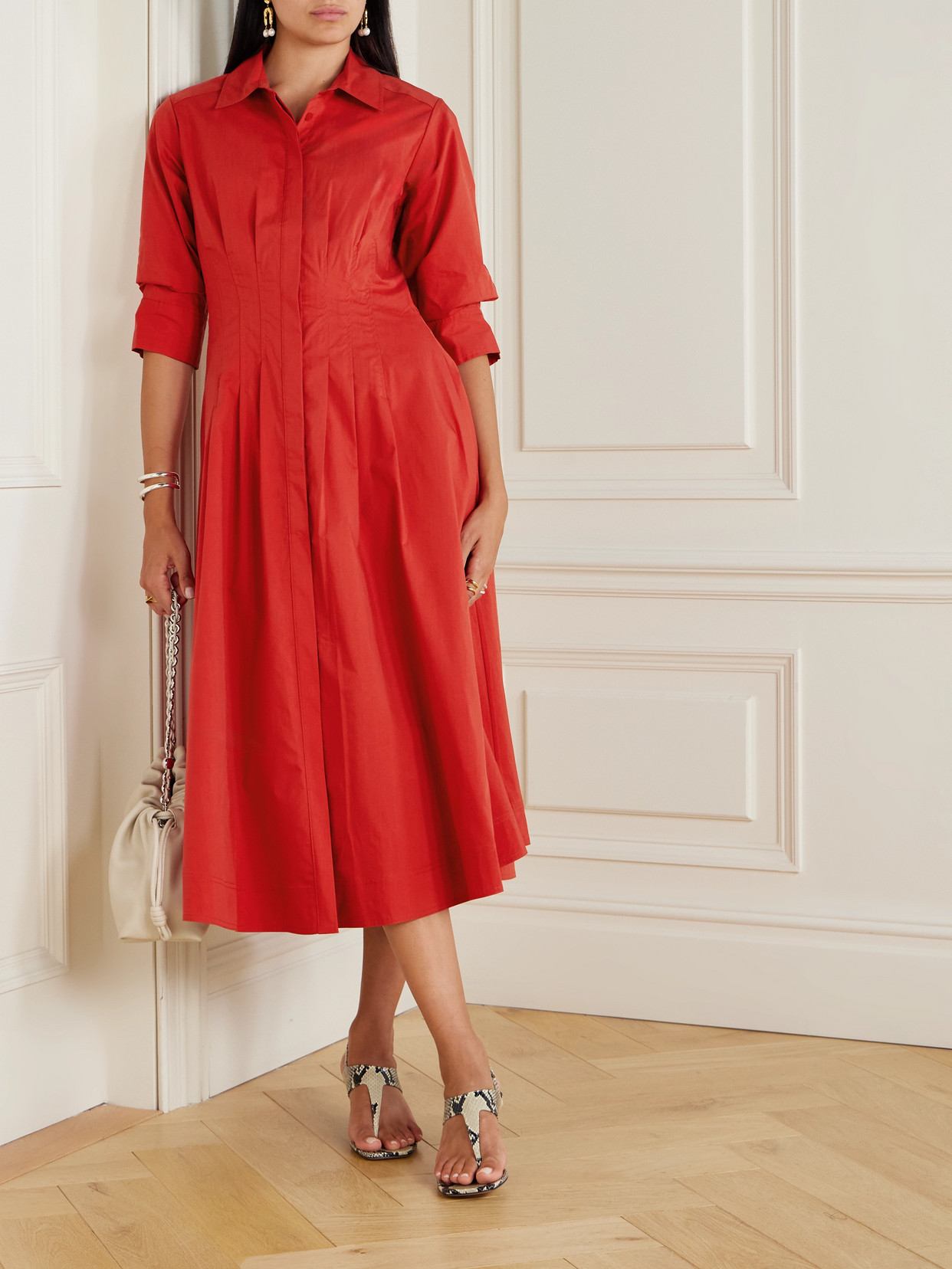 Simkhai Jazz Pleated Cotton-blend Poplin Midi Shirt Dress In Red