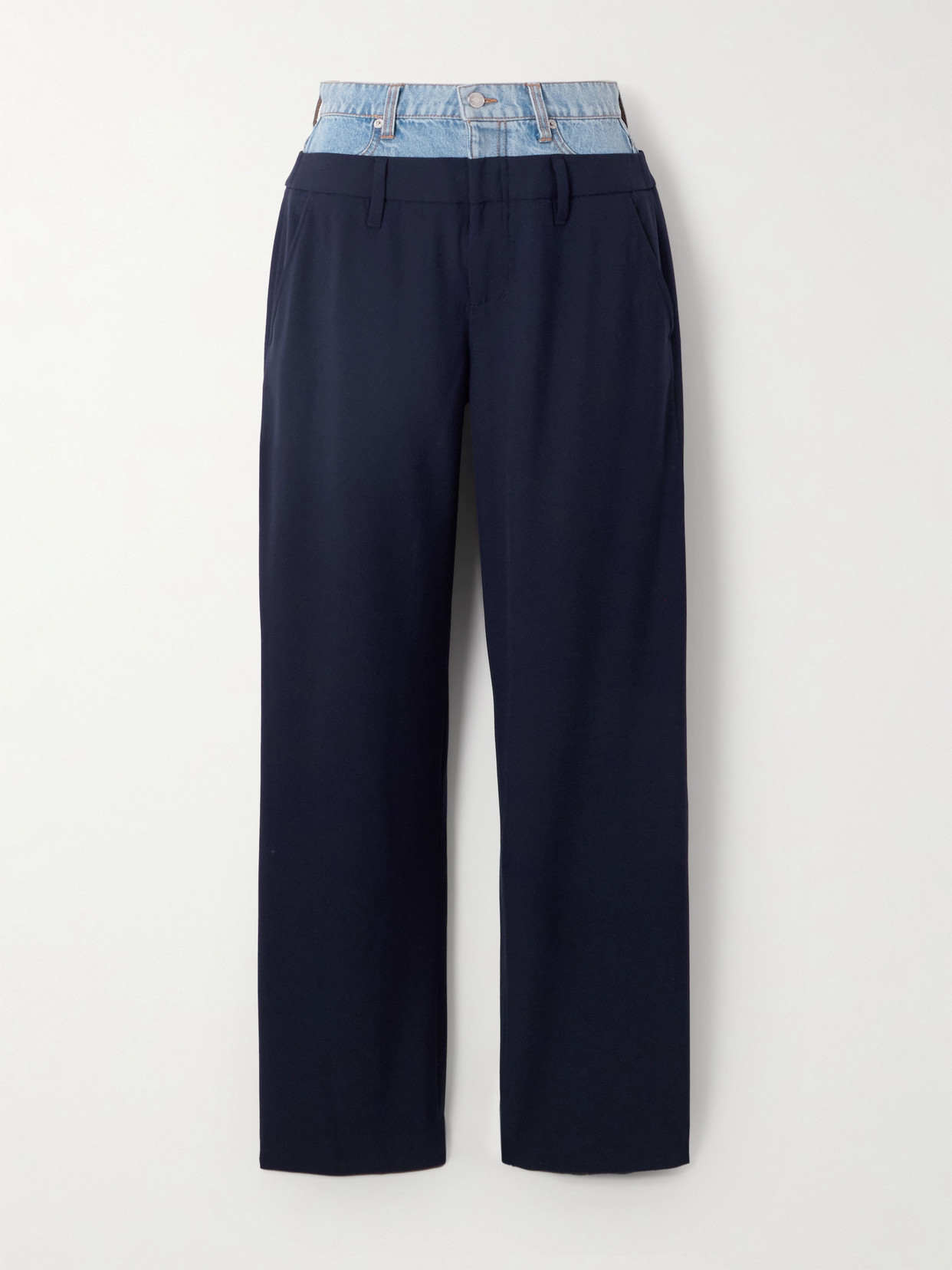 Simkhai Ophelia Denim-trimmed Grain De Poudre Straight-leg Pants In Blue