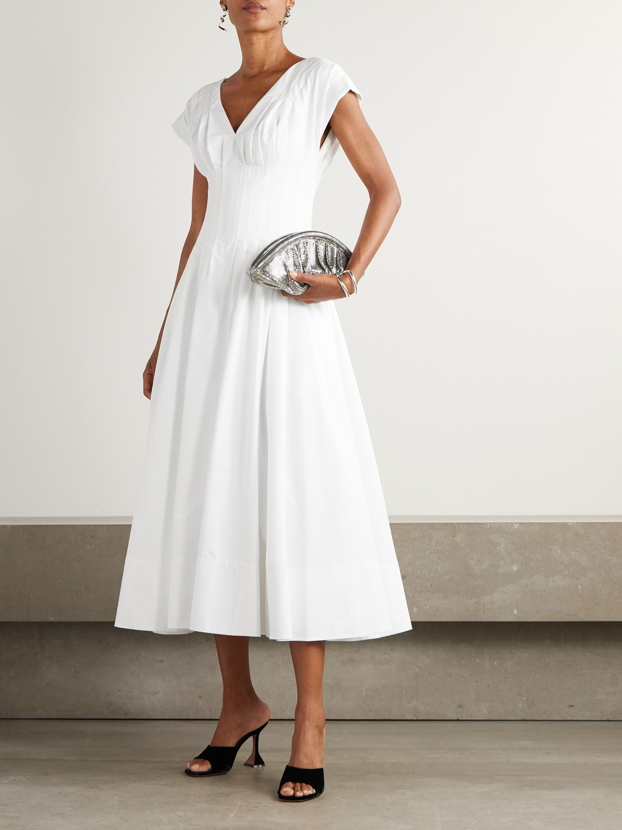 Simkhai Nina Pleated Cotton-blend Poplin Midi Dress In White