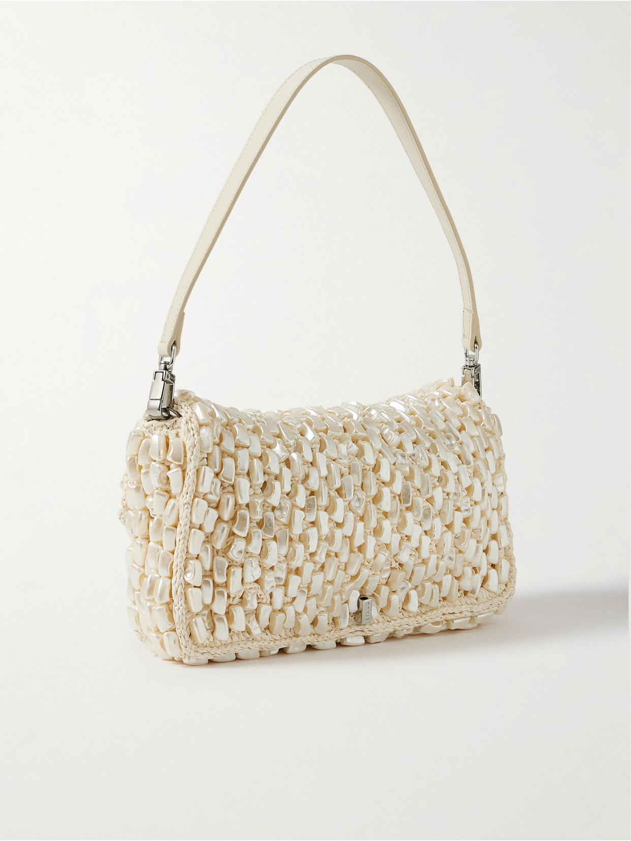 Staud Timmy Leather-trimmed Faux Pearl-embellished Raffia Shoulder Bag In Nude