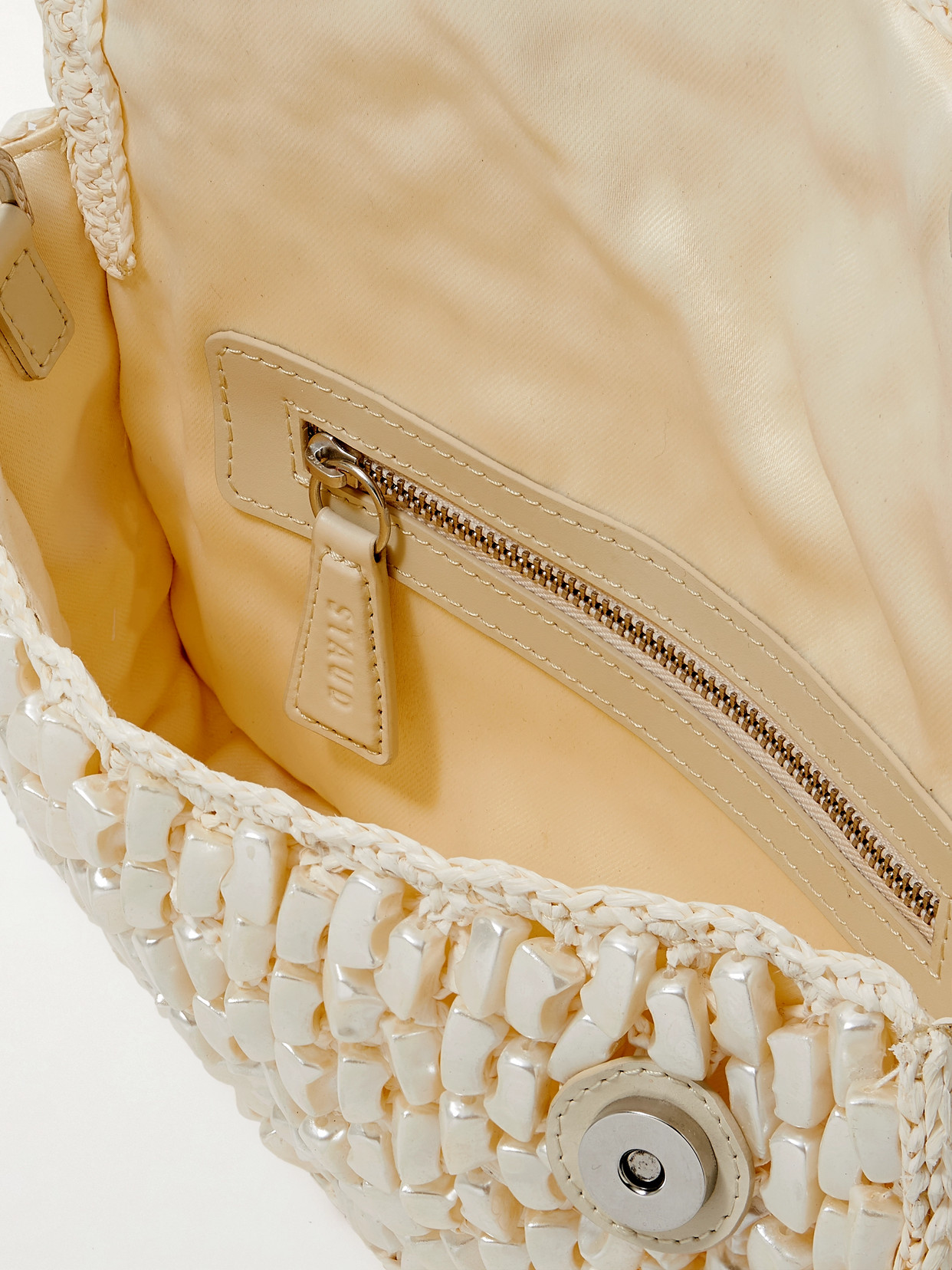 Staud Timmy Leather-trimmed Faux Pearl-embellished Raffia Shoulder Bag In Nude