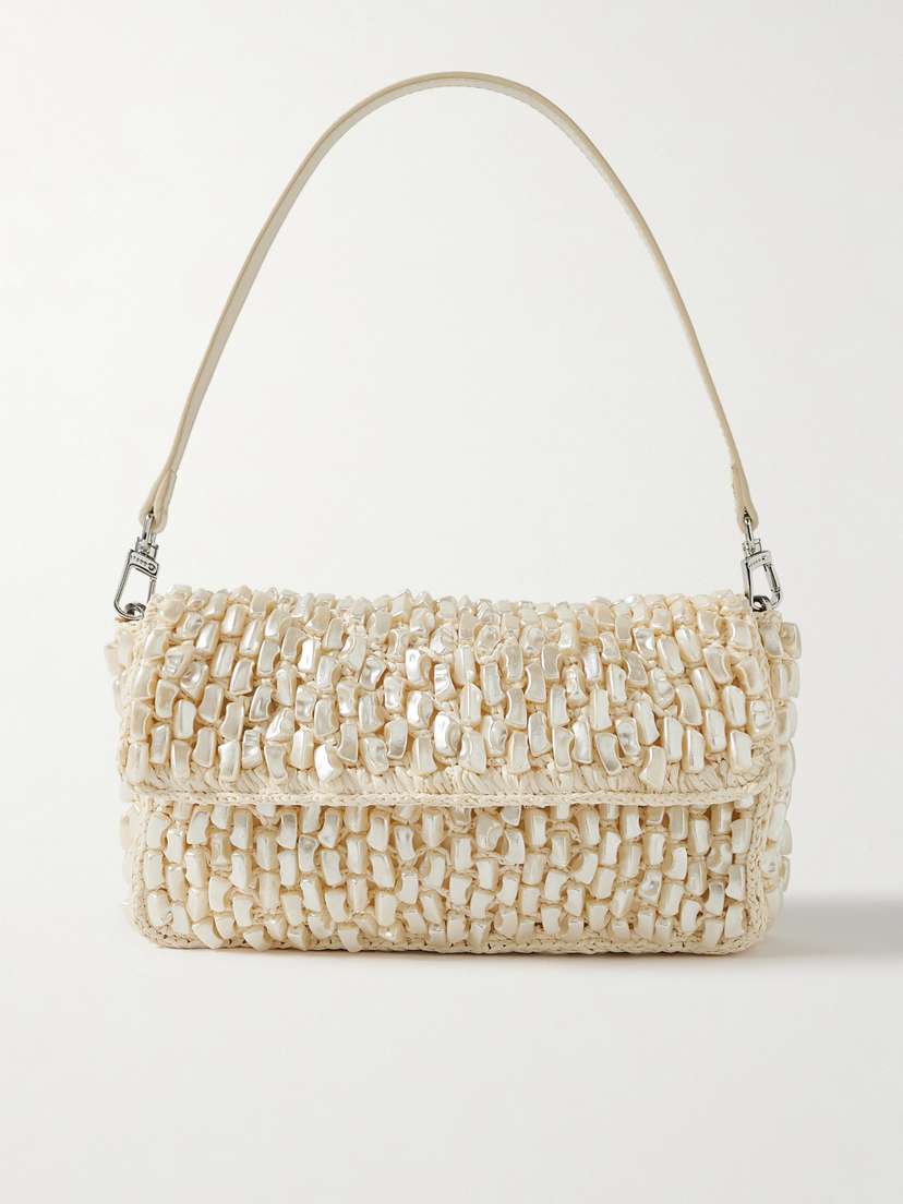 Staud Timmy Leather-trimmed Faux Pearl-embellished Raffia Shoulder Bag